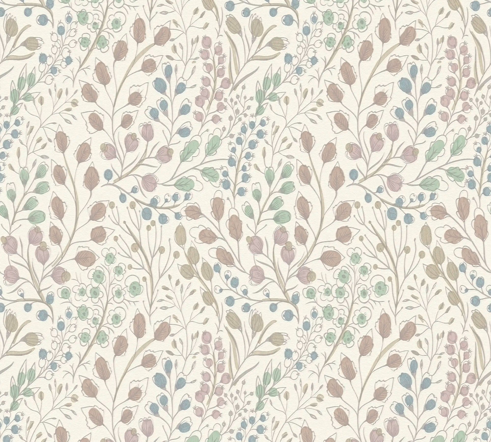 Detaljeret billede af Botanical Bliss - Pastel tapet med botanisk mønster i dæmpede farver. Perfekt til en rolig og elegant indretning.