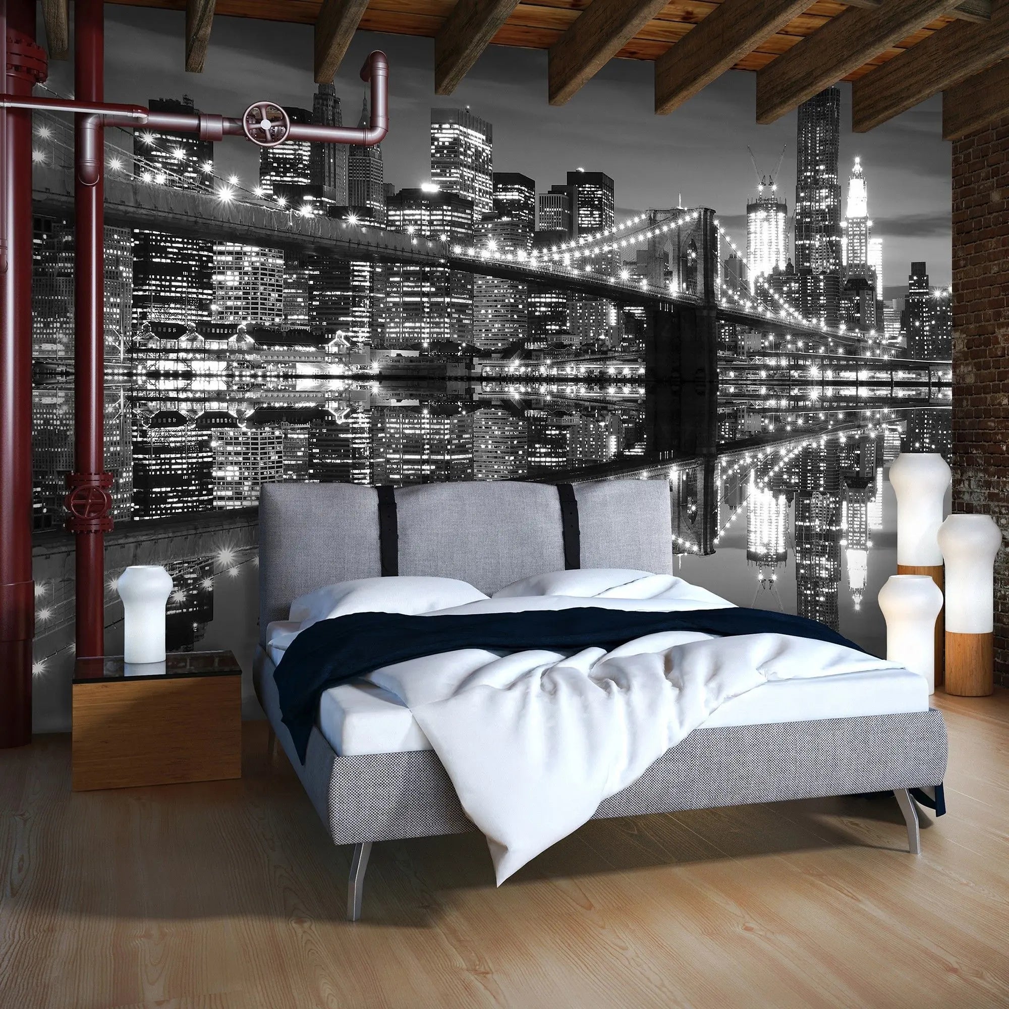 Billede 4 af Fototapet - Brooklyn Bridge med Manhattan skyline om natten i sort-hvid