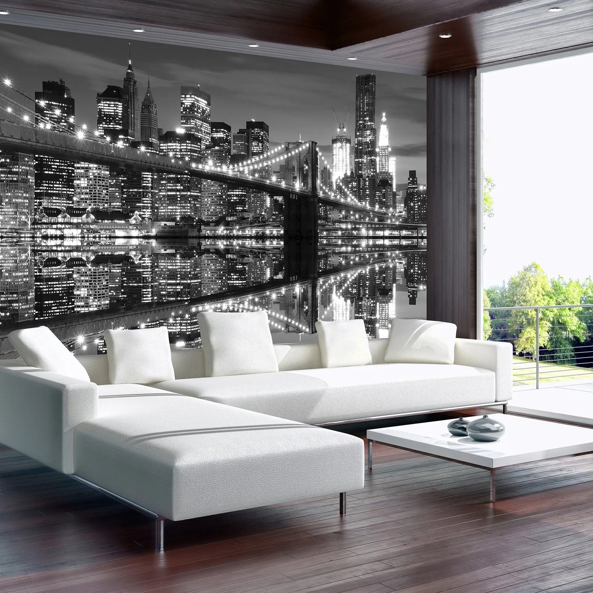 Billede 5 af Fototapet - Brooklyn Bridge med Manhattan skyline om natten i sort-hvid