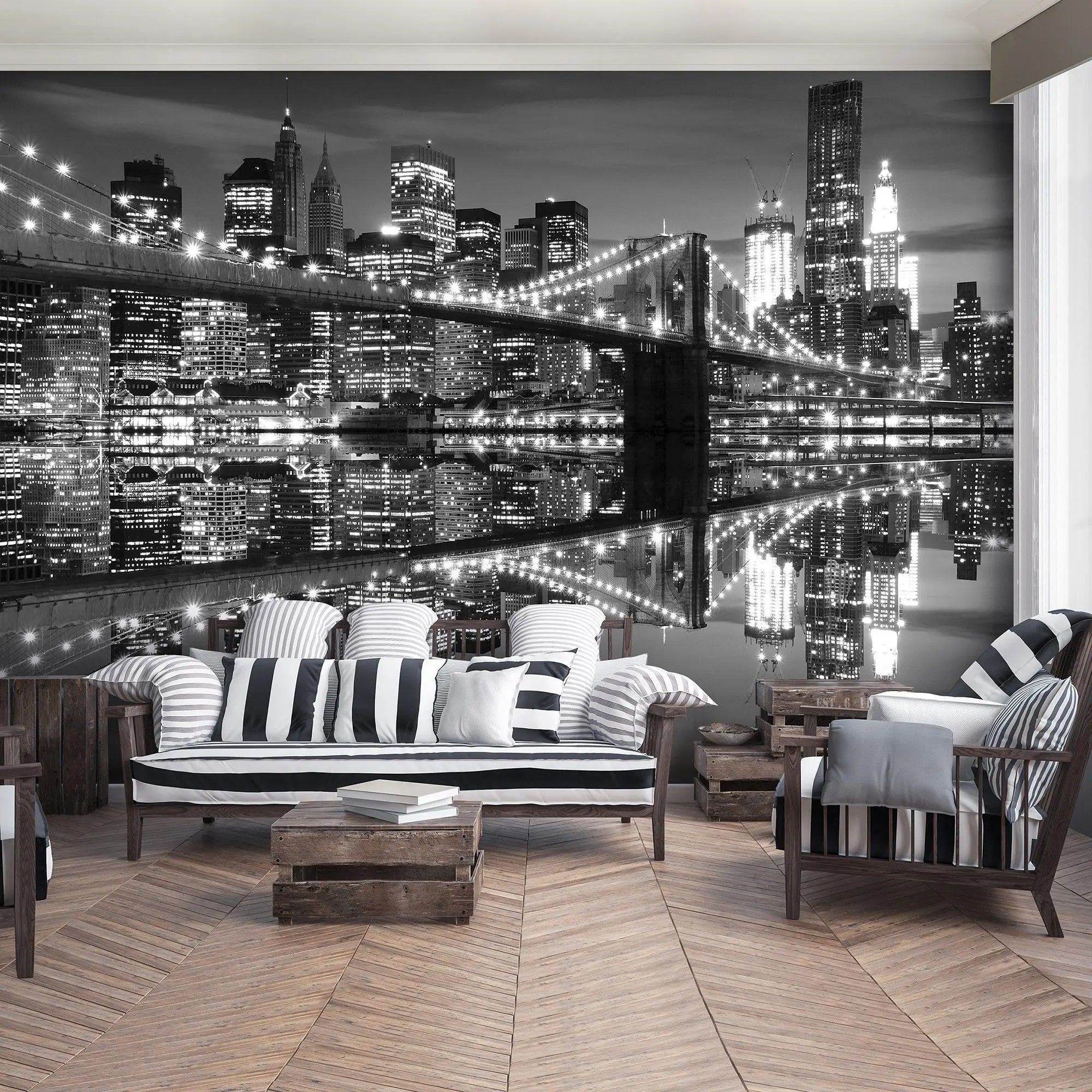 Billede 6 af Fototapet - Brooklyn Bridge med Manhattan skyline om natten i sort-hvid