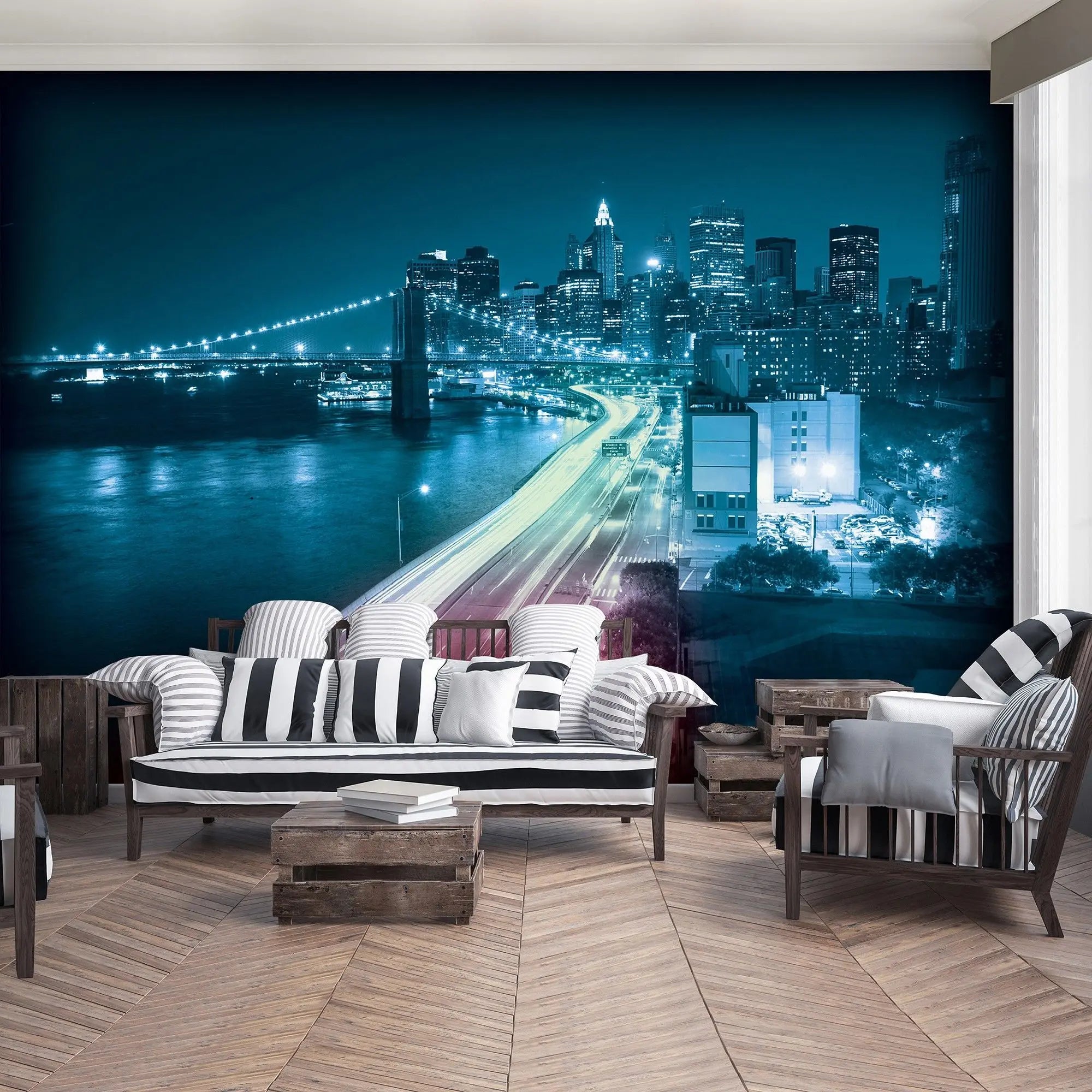 Billede 7 af Fototapet - Brooklyn Bridge og Manhattan skyline om natten i blå toner