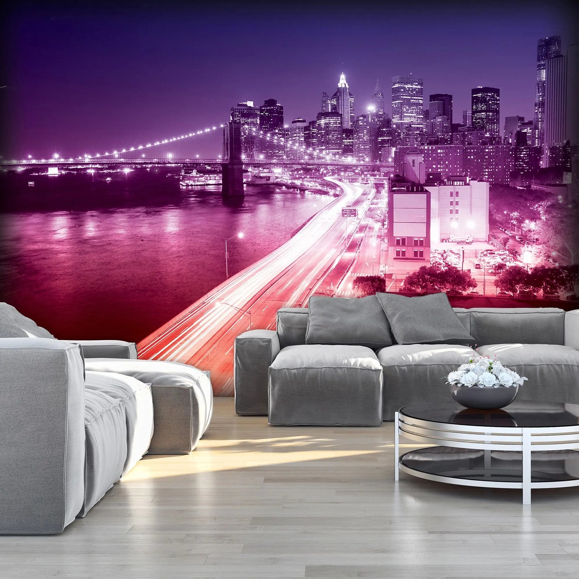 Billede 4 af Fototapet - Brooklyn Bridge og New York skyline om natten med lyserøde lys