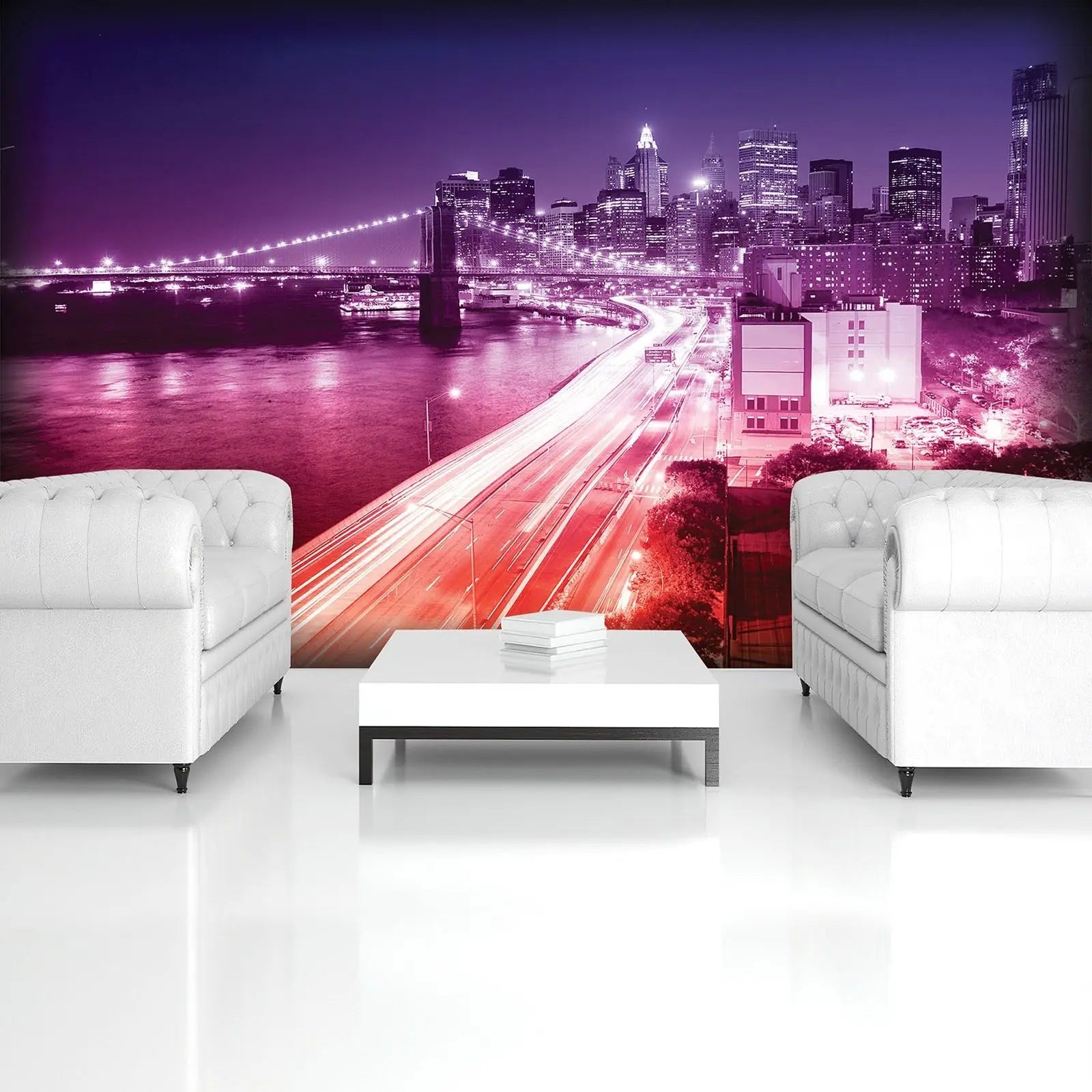 Billede 6 af Fototapet - Brooklyn Bridge og New York skyline om natten med lyserøde lys