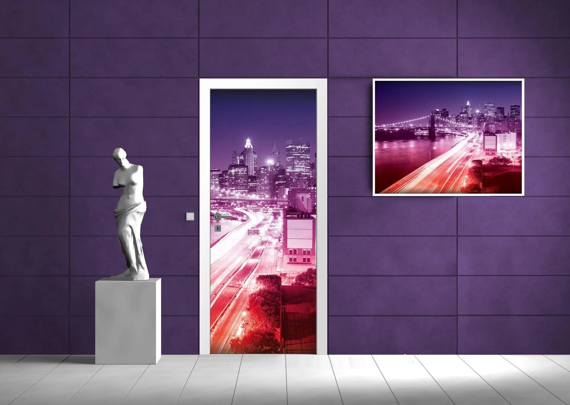 Billede 8 af Fototapet - Brooklyn Bridge og New York skyline om natten med lyserøde lys