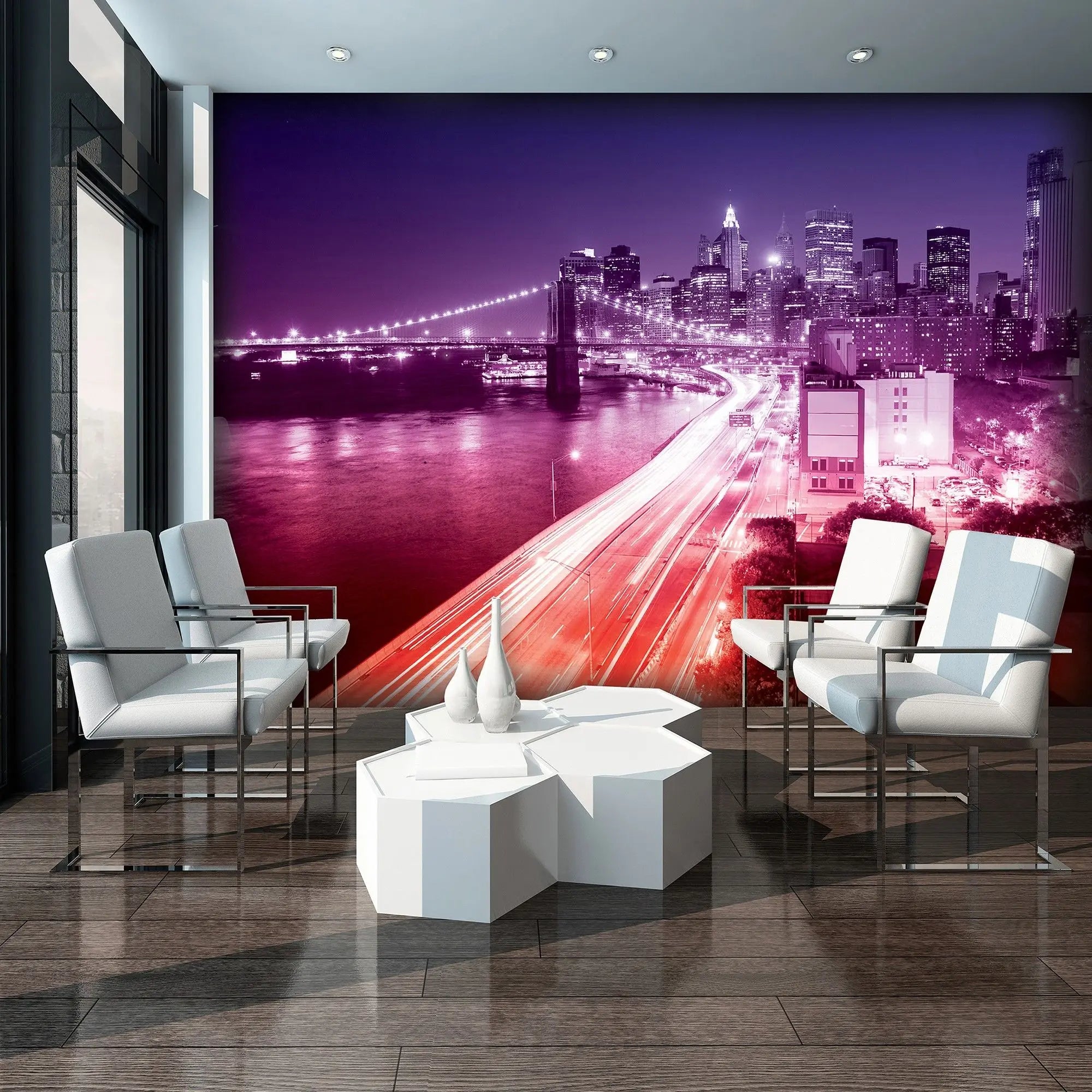 Billede 9 af Fototapet - Brooklyn Bridge og New York skyline om natten med lyserøde lys