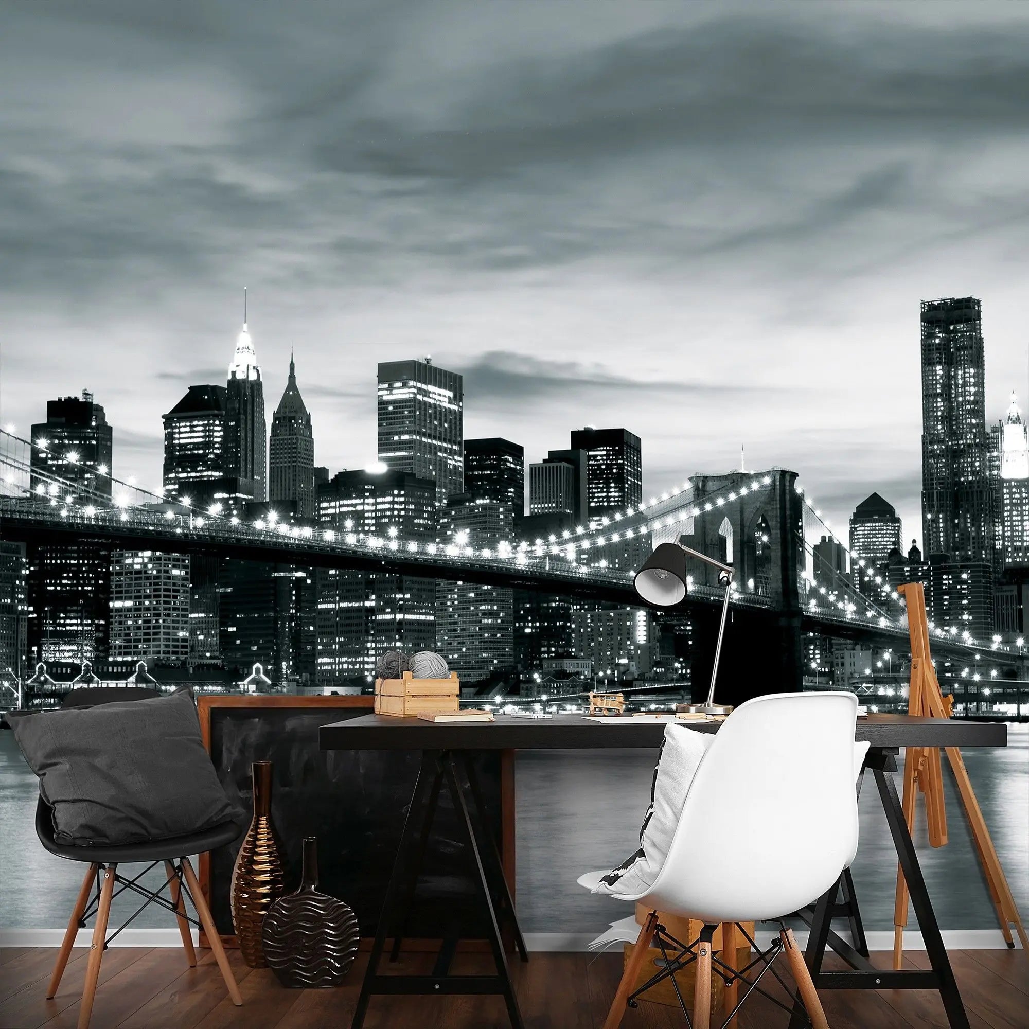Billede 4 af Fototapet - Brooklyn Bridge og New Yorks skyline i sort-hvid