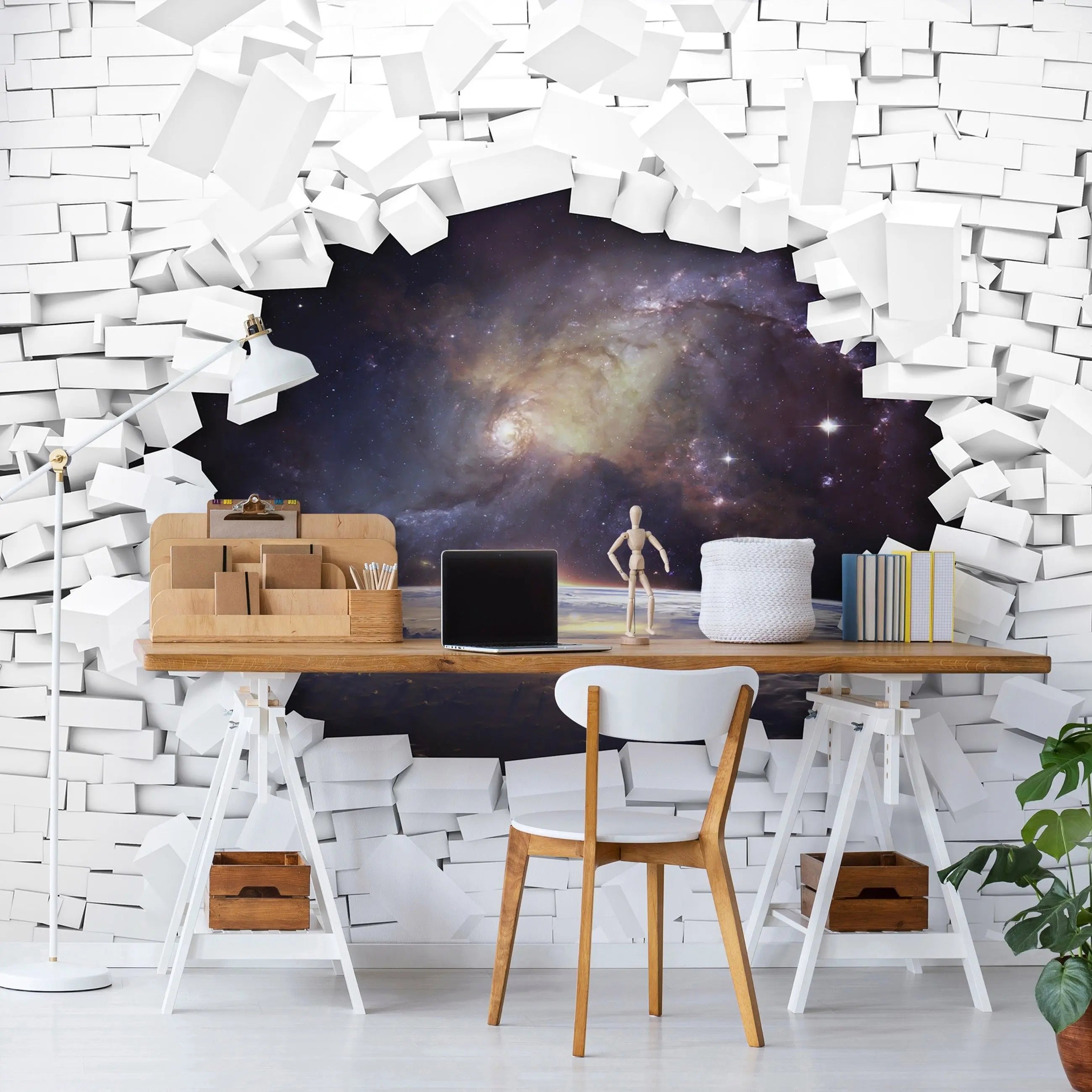 Billede 8 af Fototapet - Brudt hvid mur med udsigt til rummet og planeterne