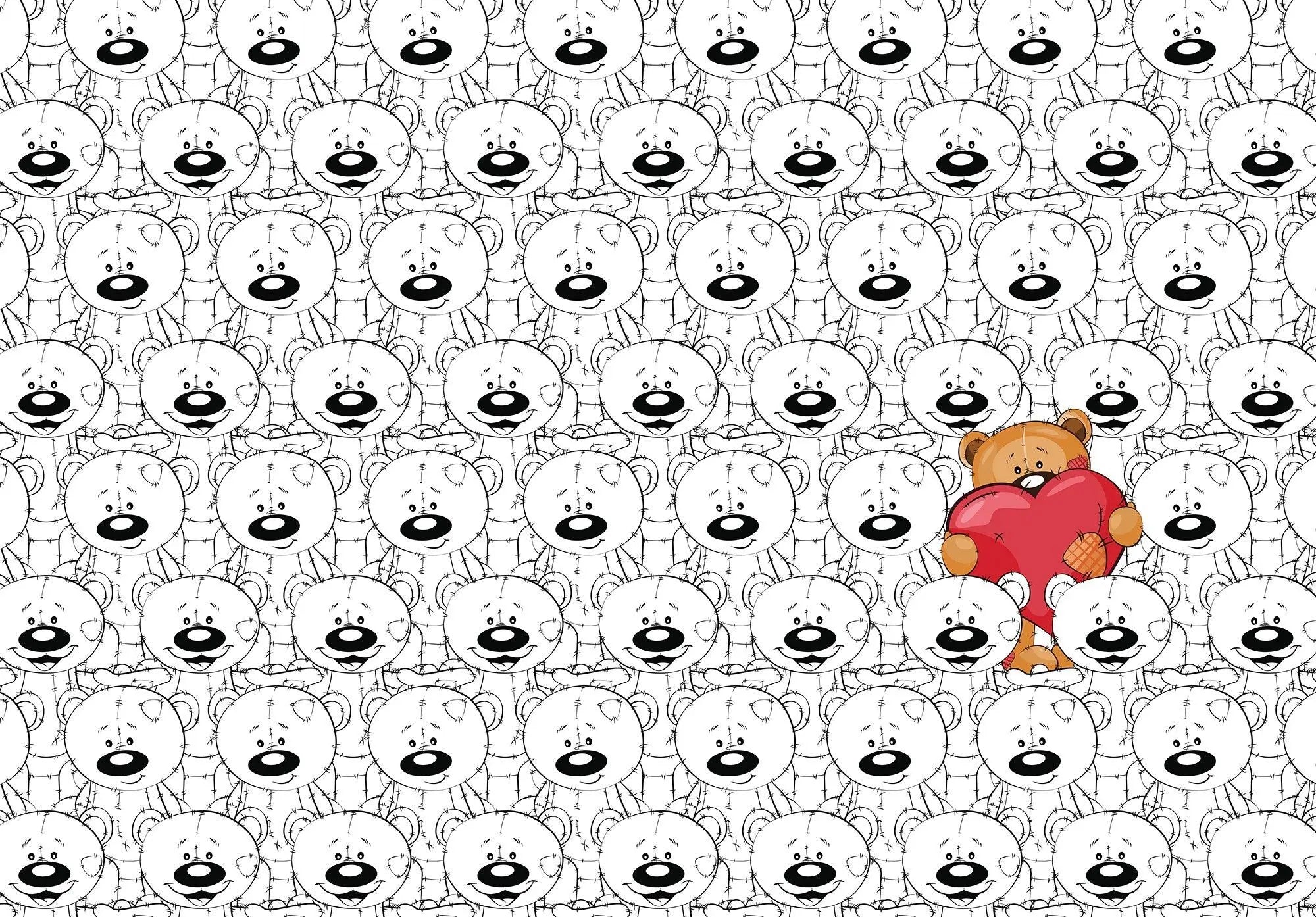Billede 1 af Fototapet - Brun bamse med hjerte på sort-hvid baggrund