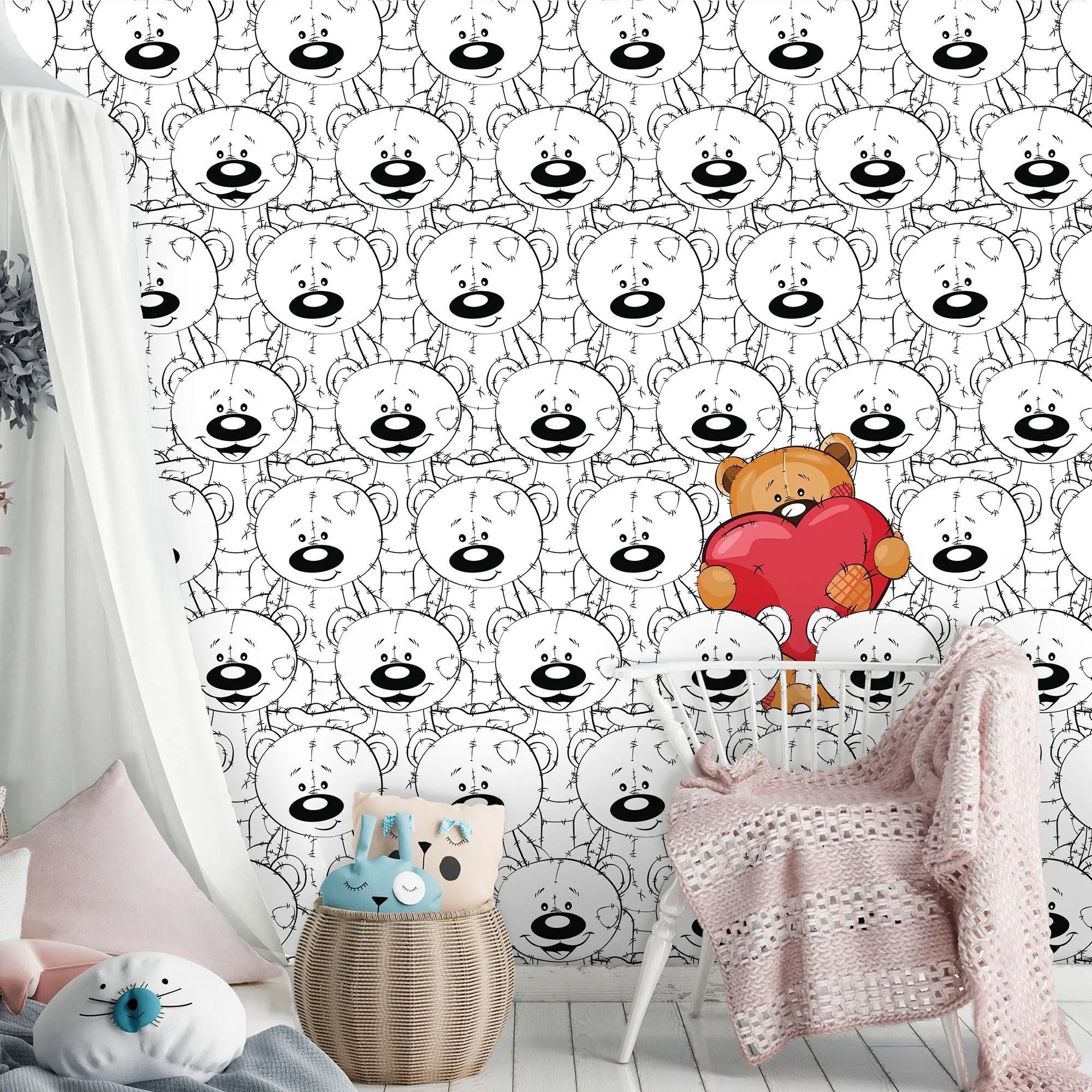 Billede 2 af Fototapet - Brun bamse med hjerte på sort-hvid baggrund