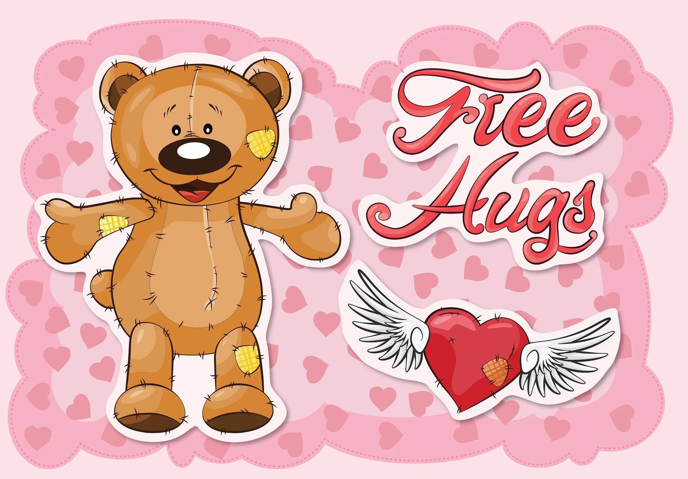 Billede 2 af Fototapet - Brun bamse med lapper og teksten Free Hugs