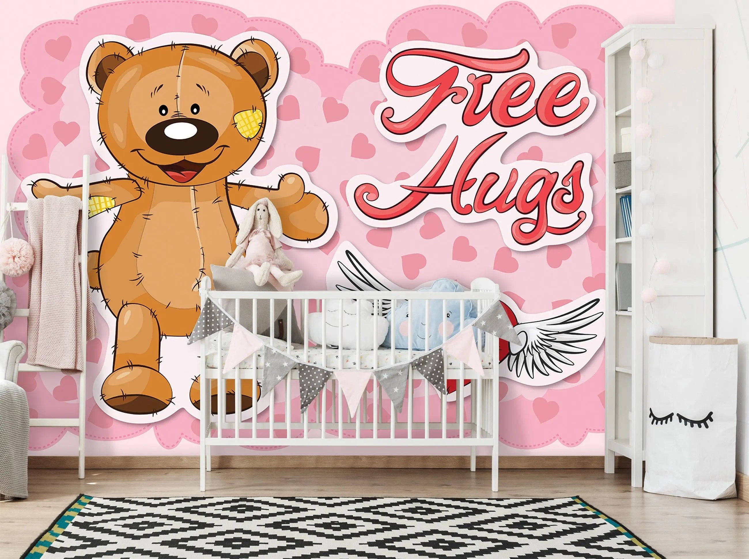 Billede 4 af Fototapet - Brun bamse med lapper og teksten Free Hugs