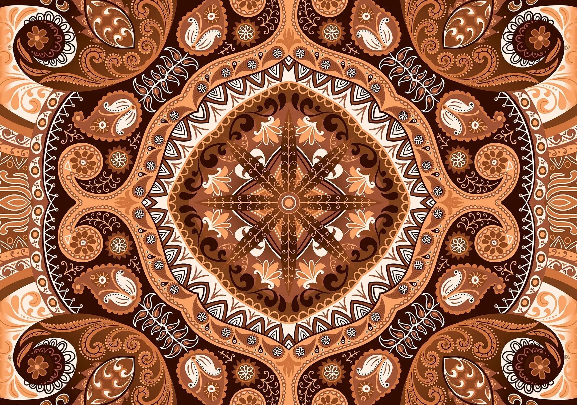 Billede 1 af Fototapet - Brun og orange symmetrisk paisleymønster