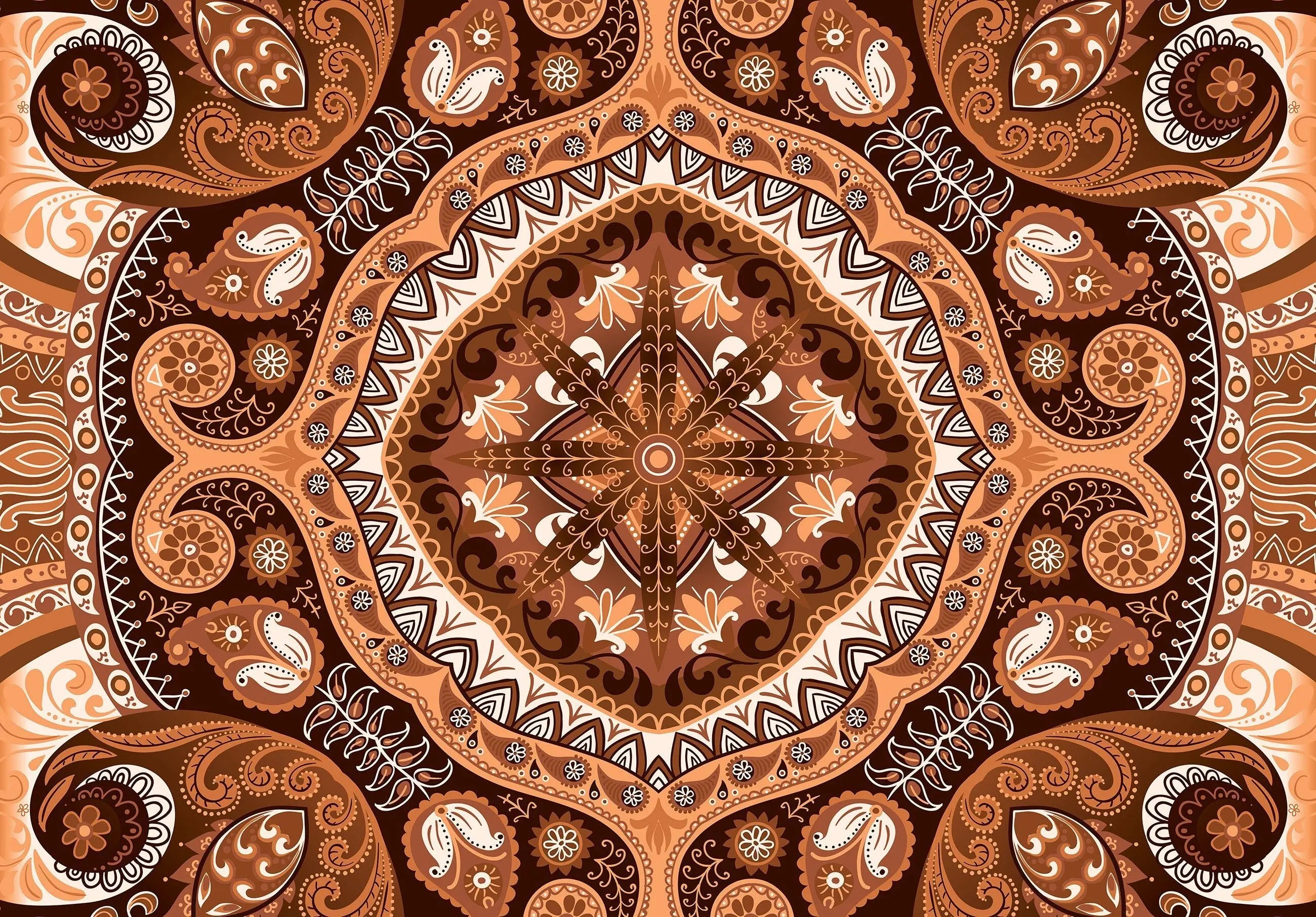 Billede 6 af Fototapet - Brun og orange symmetrisk paisleymønster