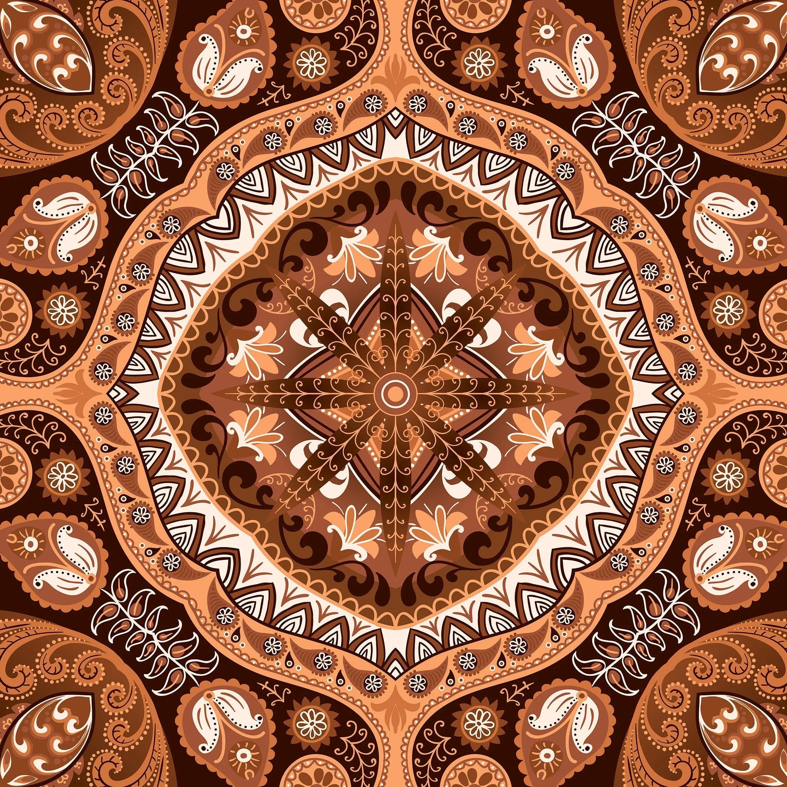 Billede 9 af Fototapet - Brun og orange symmetrisk paisleymønster