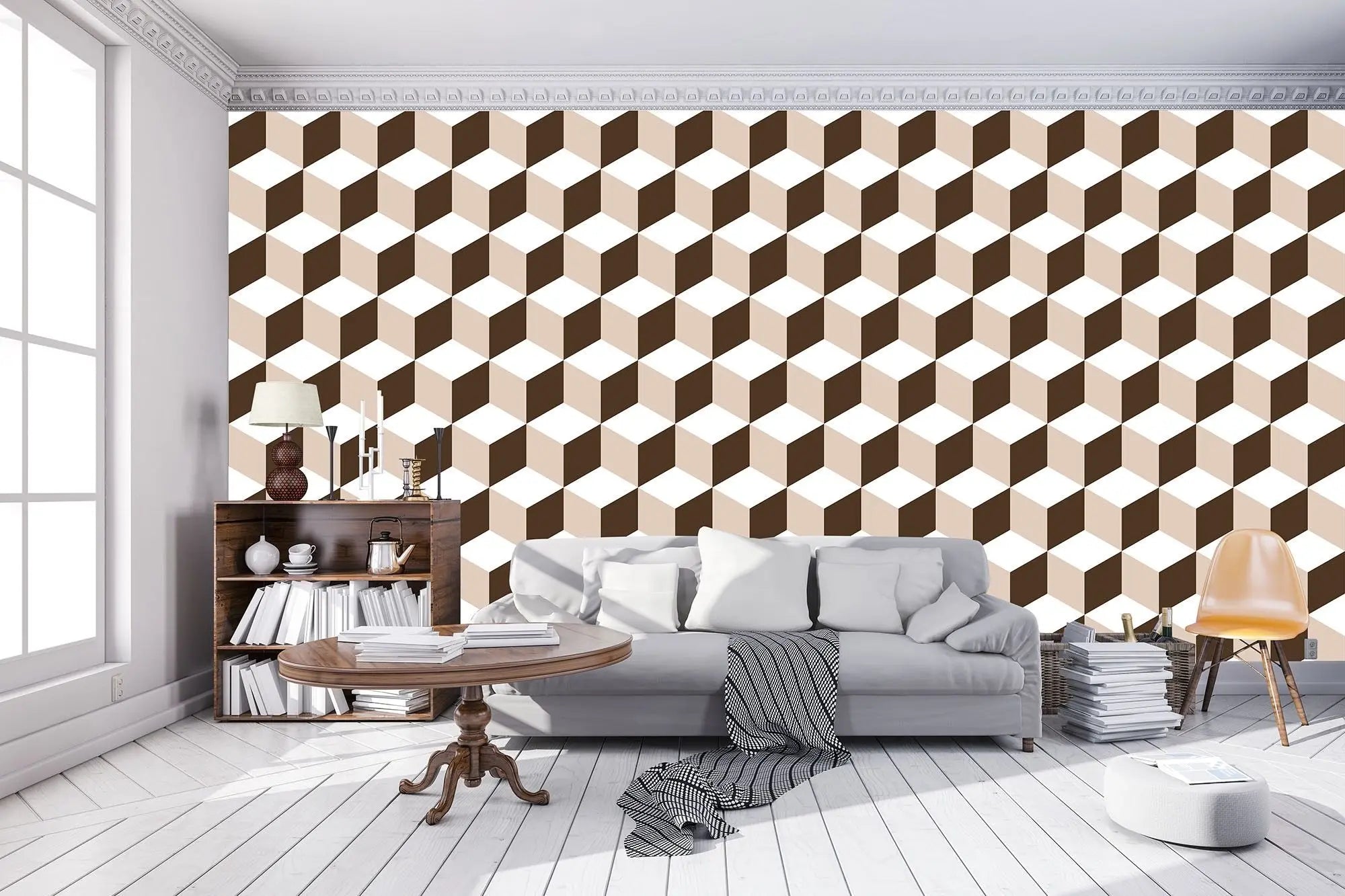 Billede 4 af Fototapet - Brunt og beige isometrisk terningemønster