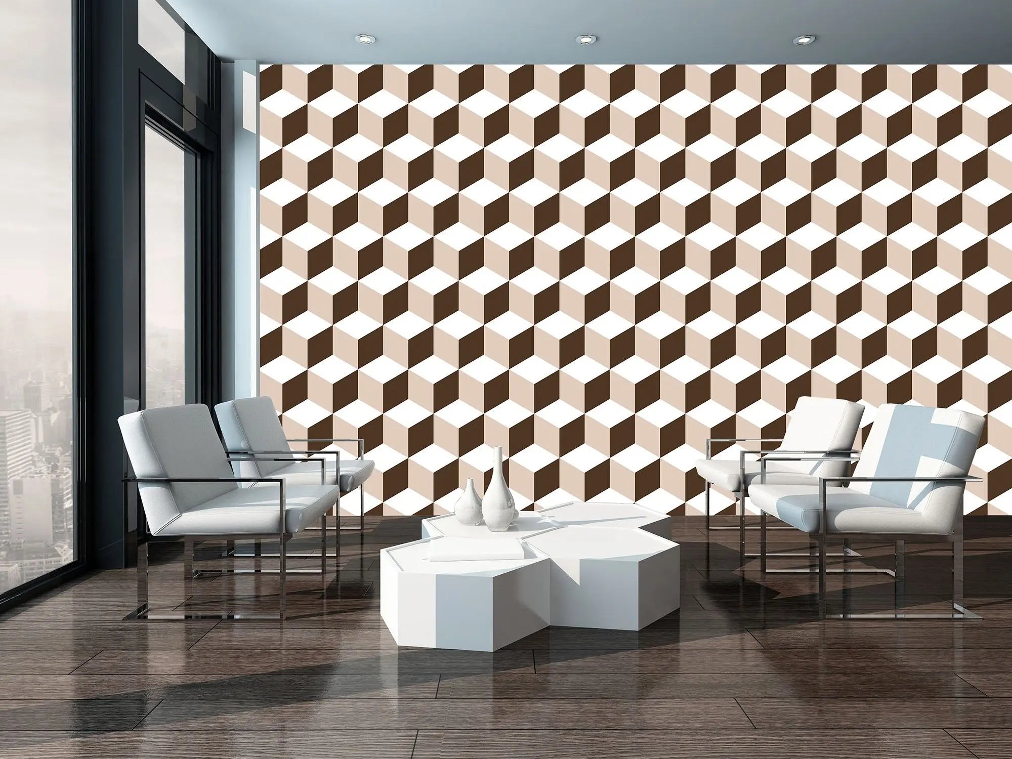 Billede 5 af Fototapet - Brunt og beige isometrisk terningemønster