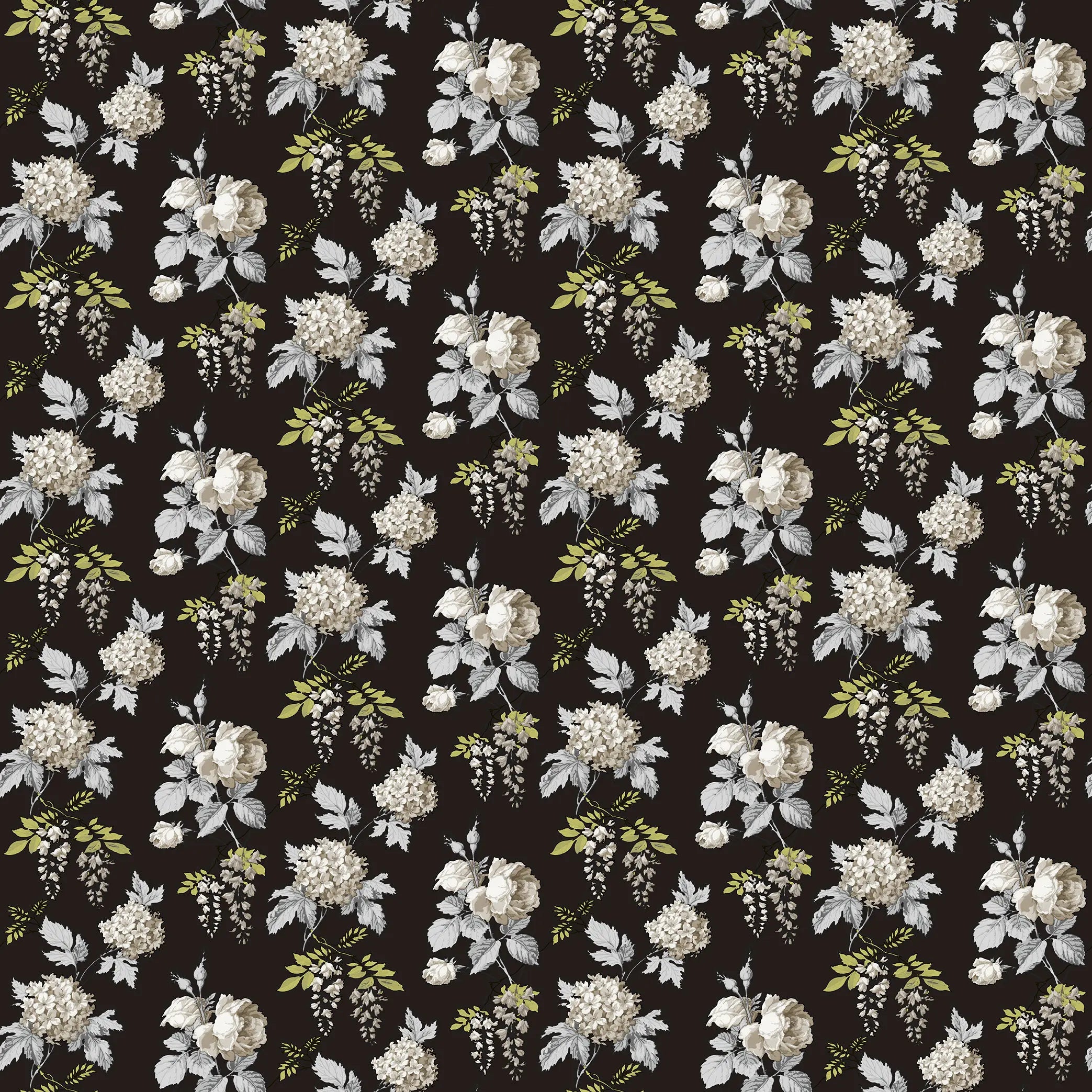Detaljeret visning af Cascade of Blooms - Noir Elegance tapet fra Nicetapet.dk. Tapetet viser et gentaget mønster af elegante blomster i nuancer af hvidt og grønt på en sort baggrund.