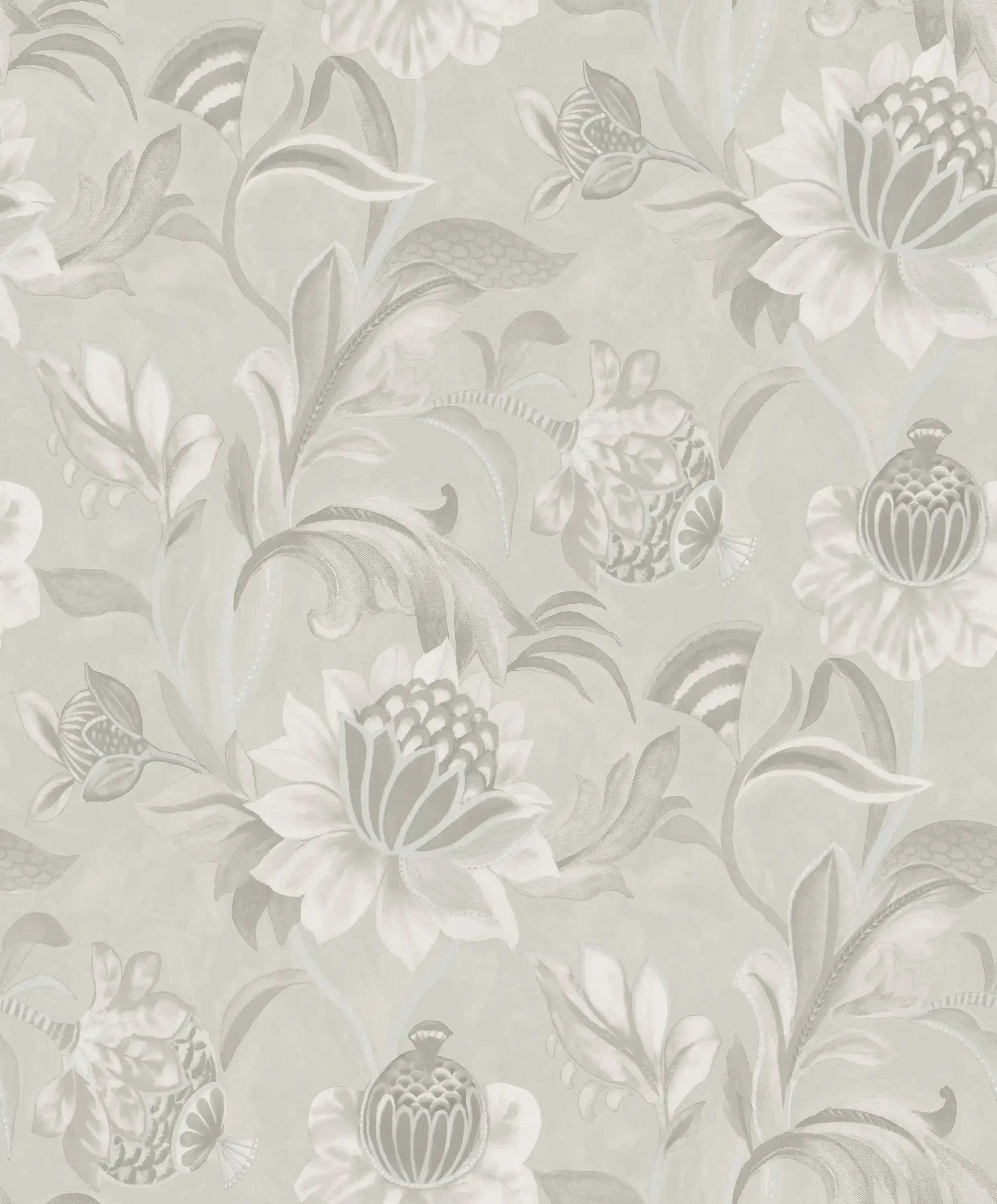 Detaljeret nærbillede af Cecelia - Dove Grey tapet med blomsterdesign.