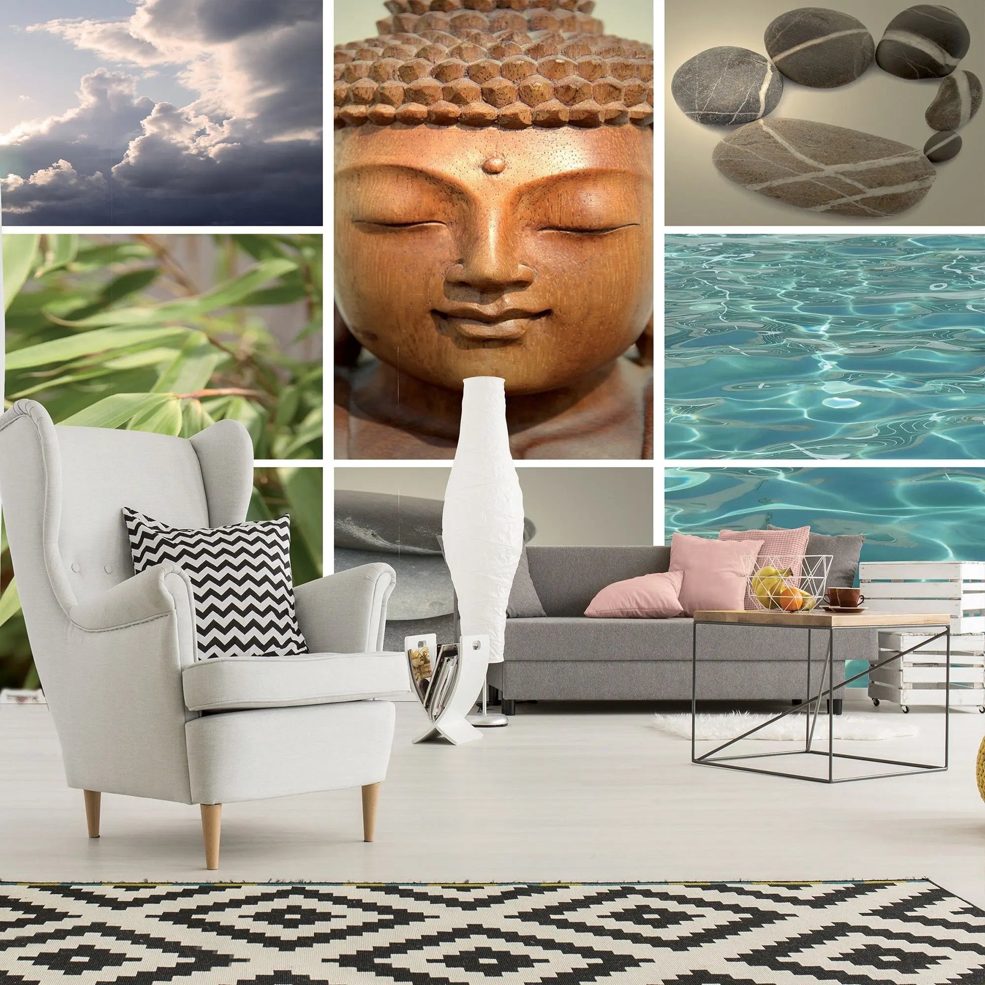 Billede 4 af Fototapet - Collage af skyer Buddha-buste bambus sten og vand