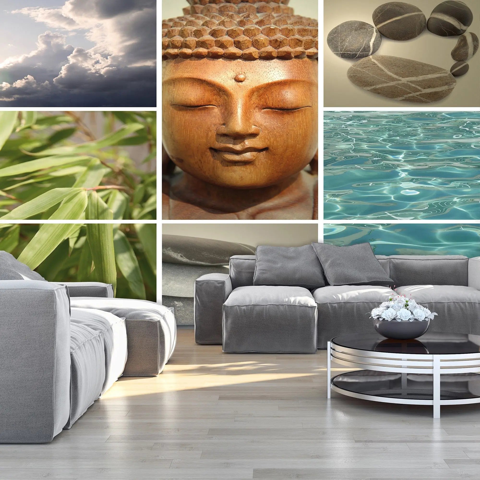 Billede 5 af Fototapet - Collage af skyer Buddha-buste bambus sten og vand