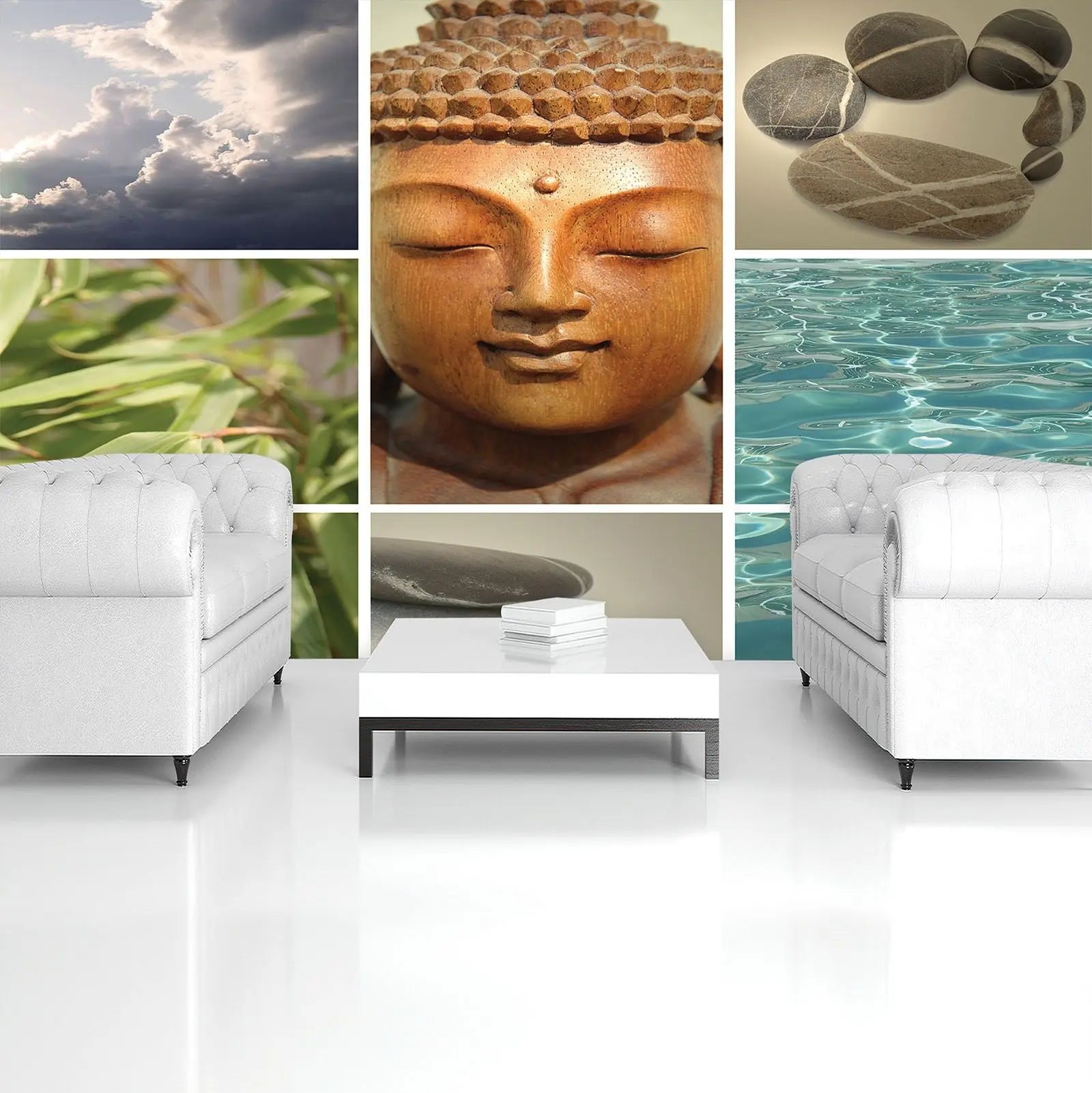 Billede 6 af Fototapet - Collage af skyer Buddha-buste bambus sten og vand