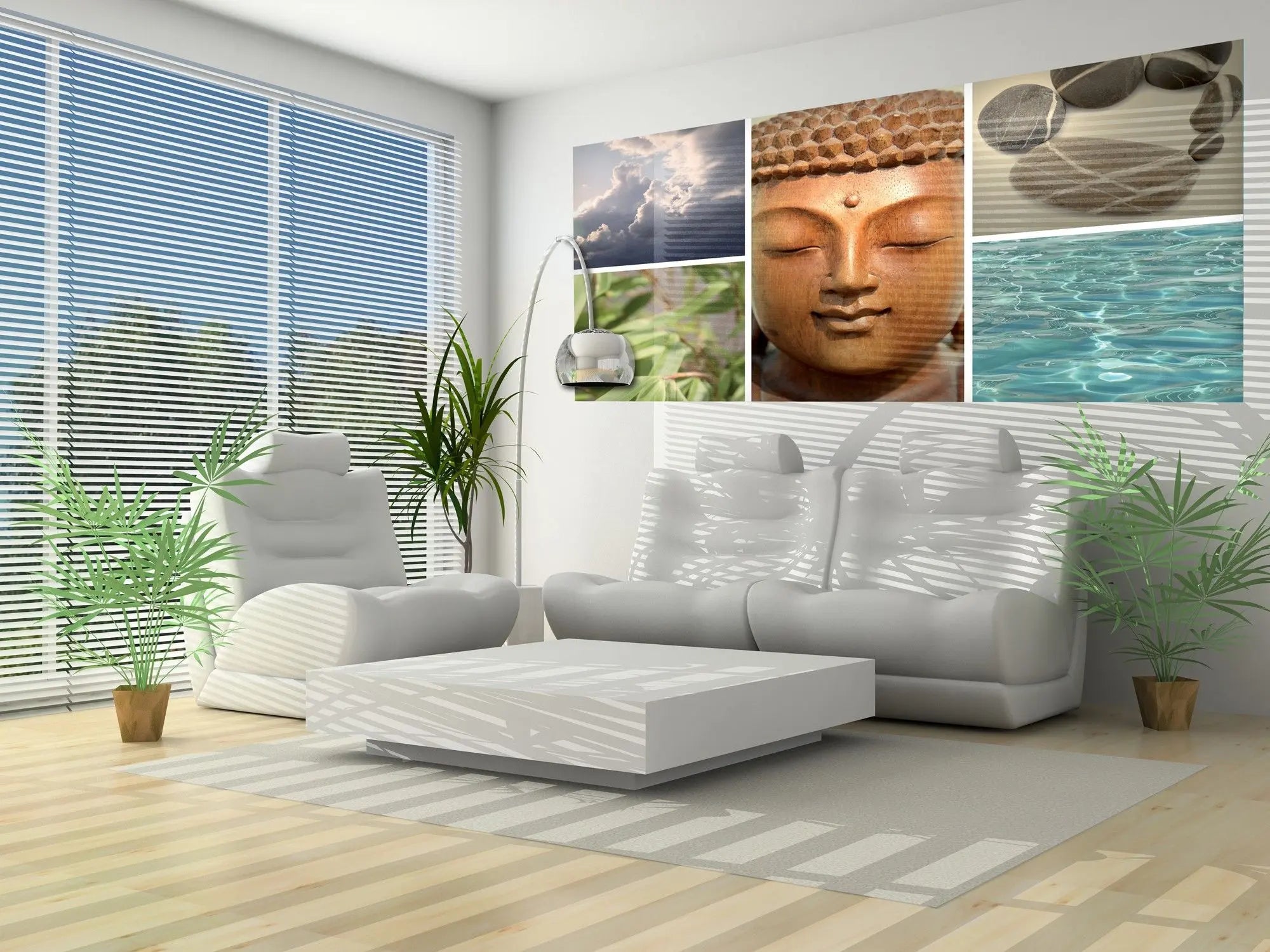 Billede 7 af Fototapet - Collage af skyer Buddha-buste bambus sten og vand