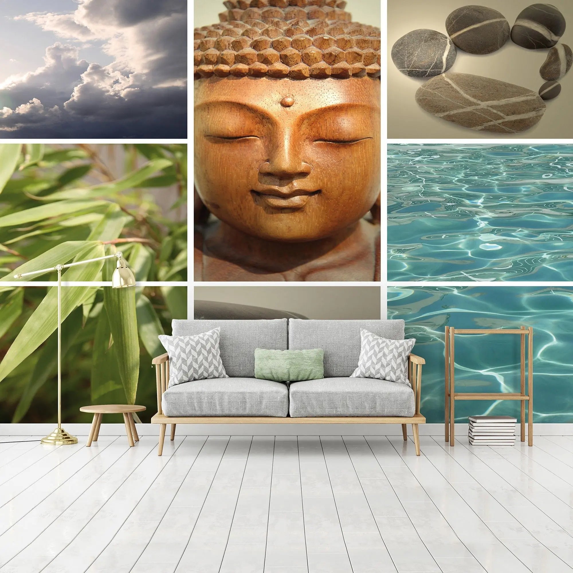 Billede 8 af Fototapet - Collage af skyer Buddha-buste bambus sten og vand