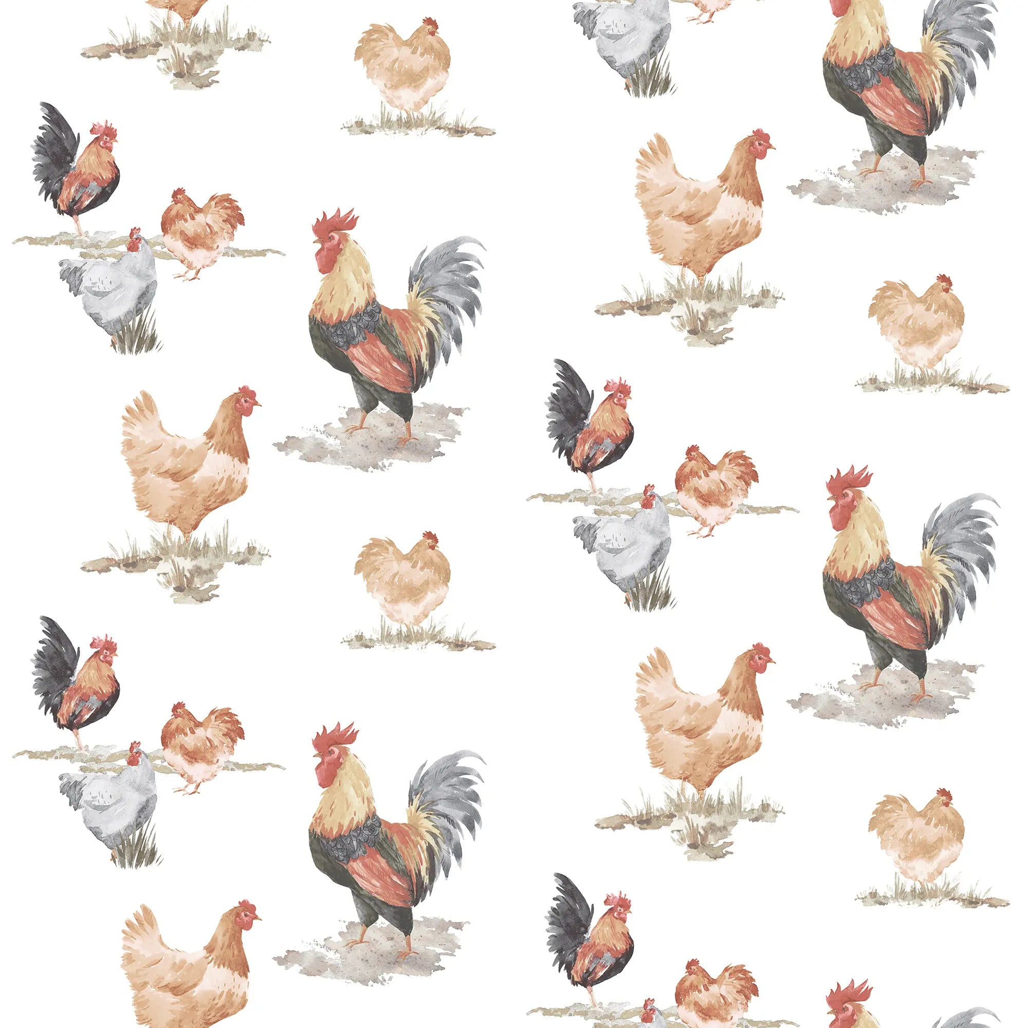 Detaljeret tapetmønster med haner og høns i sepiafarver fra Countryside Roosters kollektionen