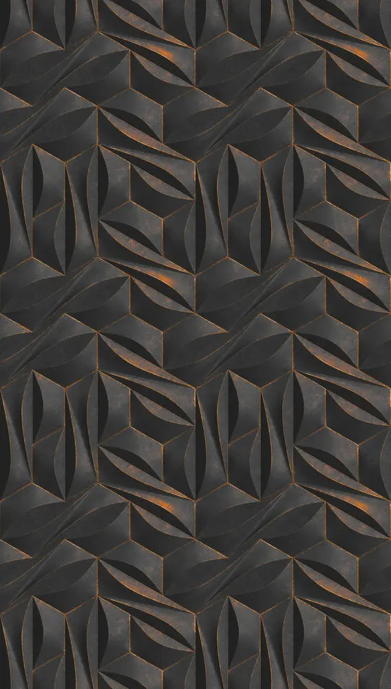 Detaljeret visning af Cubist Flow - Ember tapetet med geometriske former i mørke og varme toner.