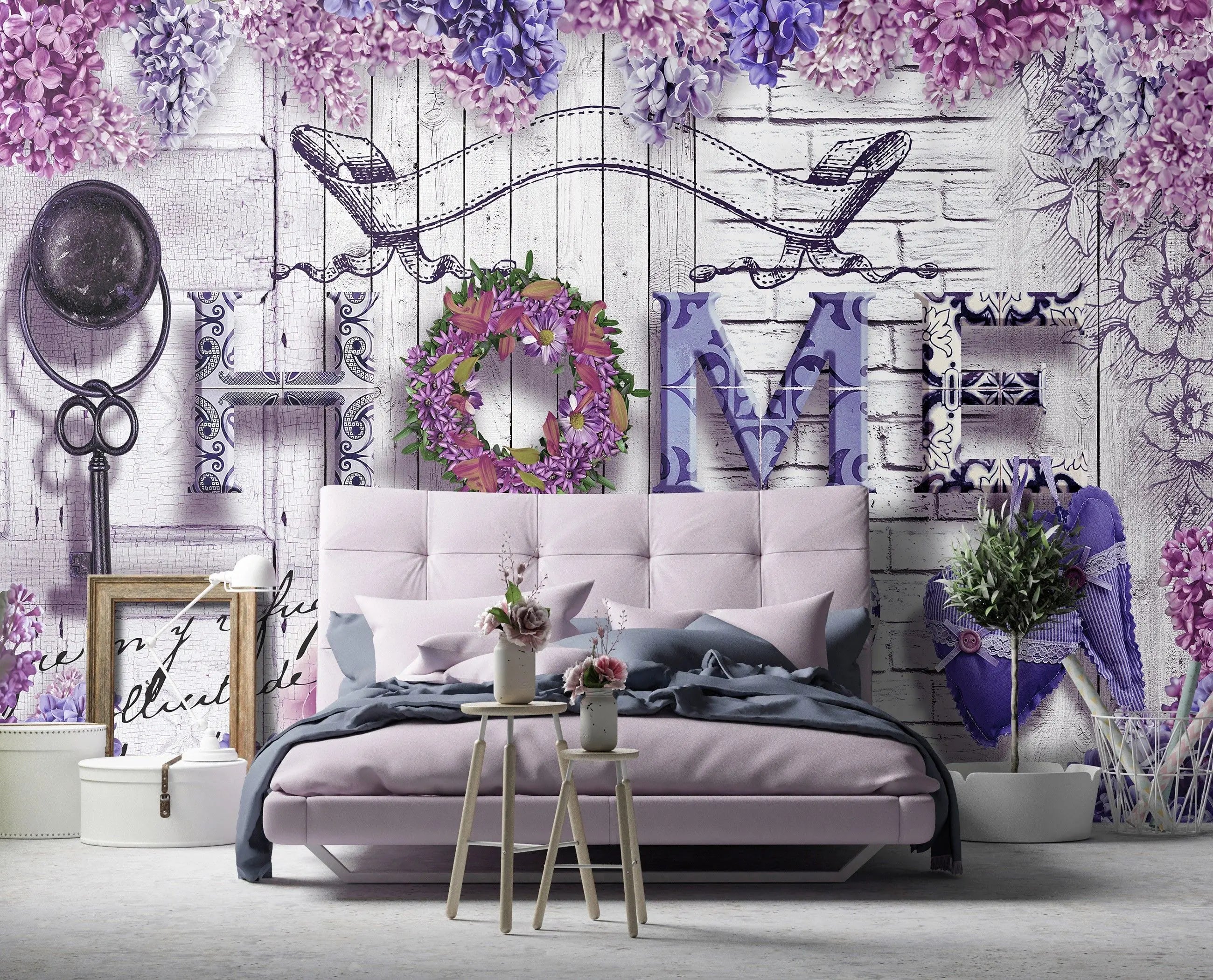 Billede 5 af Fototapet - Dekorativt ord HOME med lilla blomster og nøgler på hvid træbaggrund