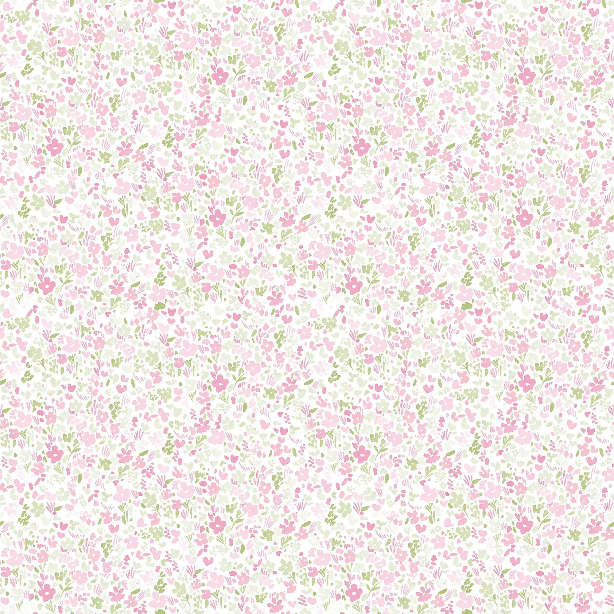 Detaljeret billede af tapetmønsteret Delicate Blossoms - Meadow fra Nicetapet.dk med fine lyserøde og grønne blomster på en hvid baggrund.