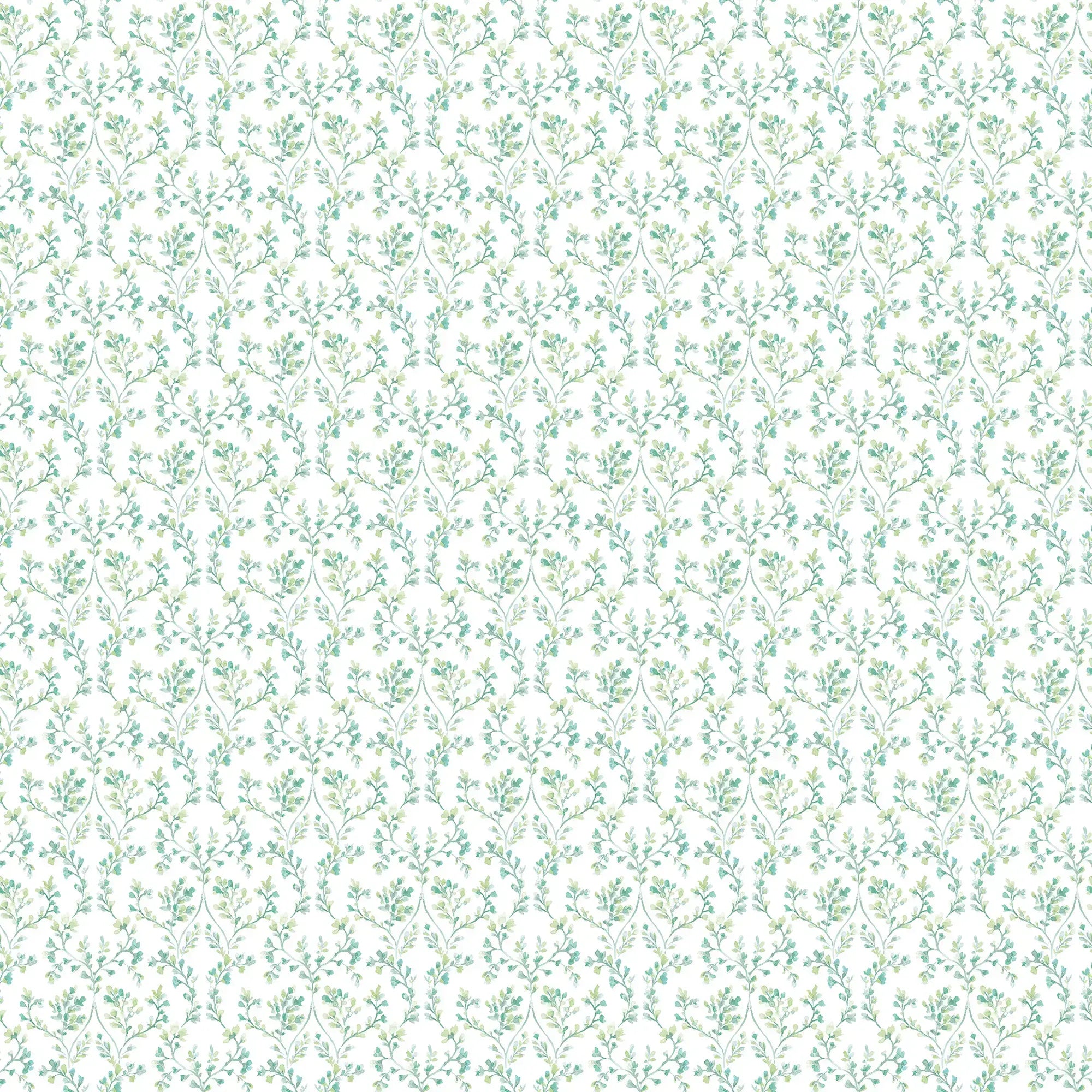 Tapet med et fint mønster af små grønne og blå grene på en hvid baggrund fra produktet Delicate Sprigs - Meadow.