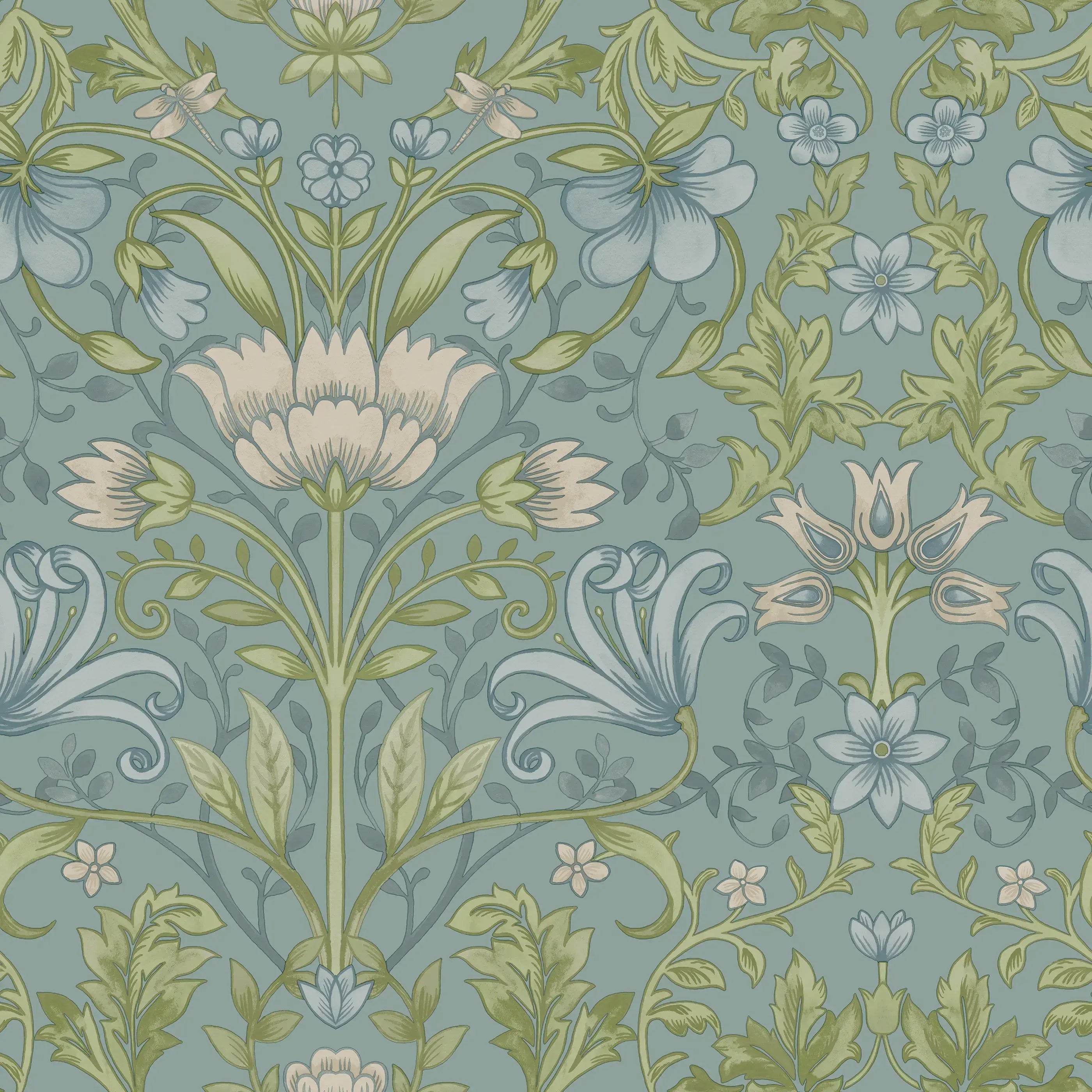 Nærbillede af det detaljerede botaniske mønster i Emiliana - Soft Blue tapet fra Nicetapet.dk.