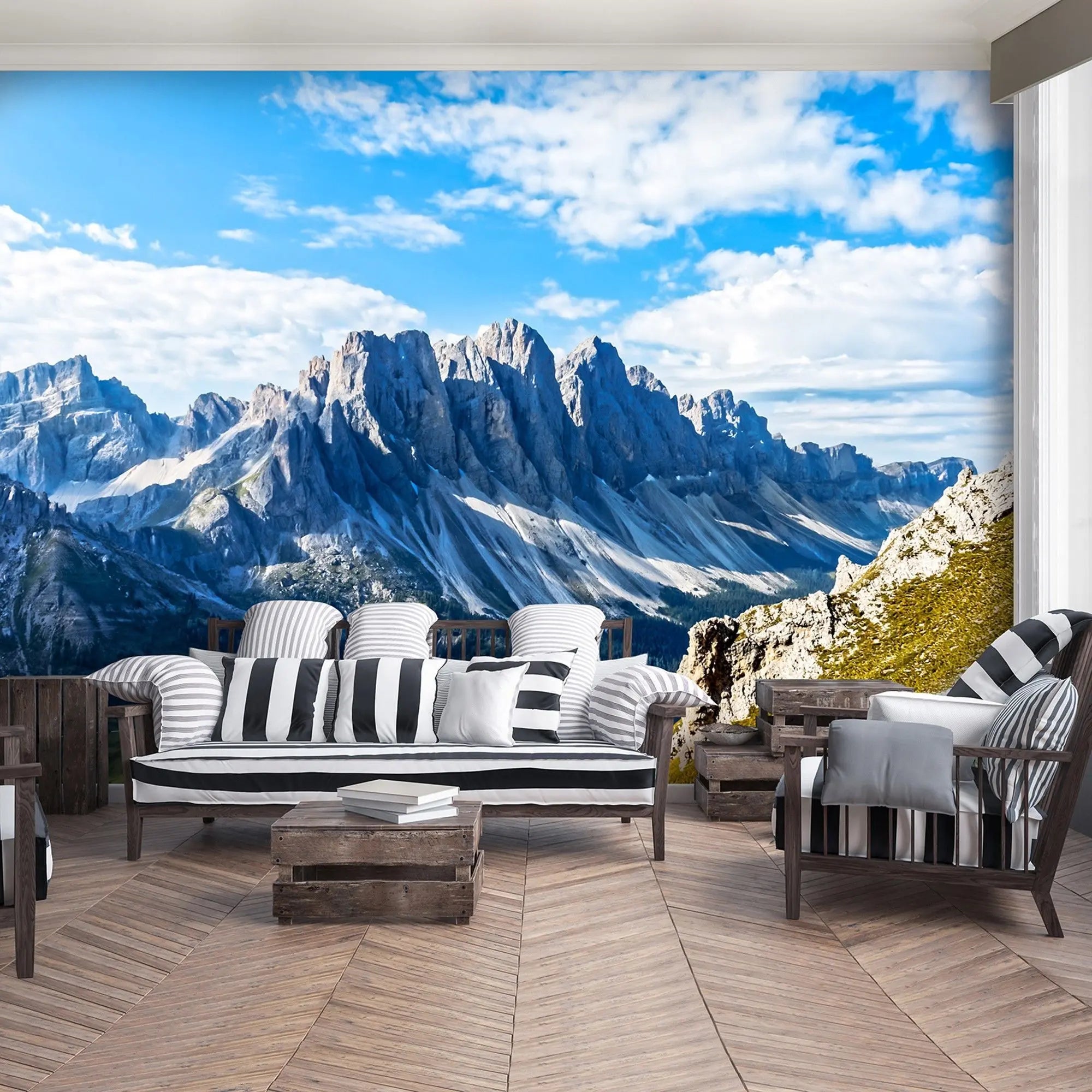 Billede 4 af Fototapet - Dolomitbjergene under blå himmel med få skyer
