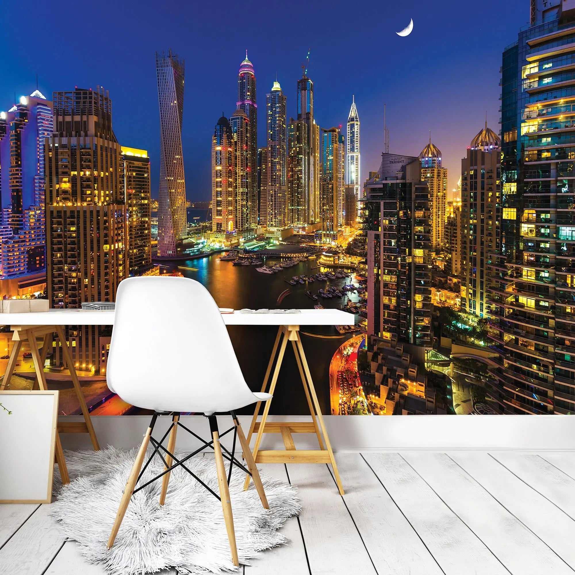 Billede 5 af Fototapet - Dubai Marina om natten med oplyste skyskrabere