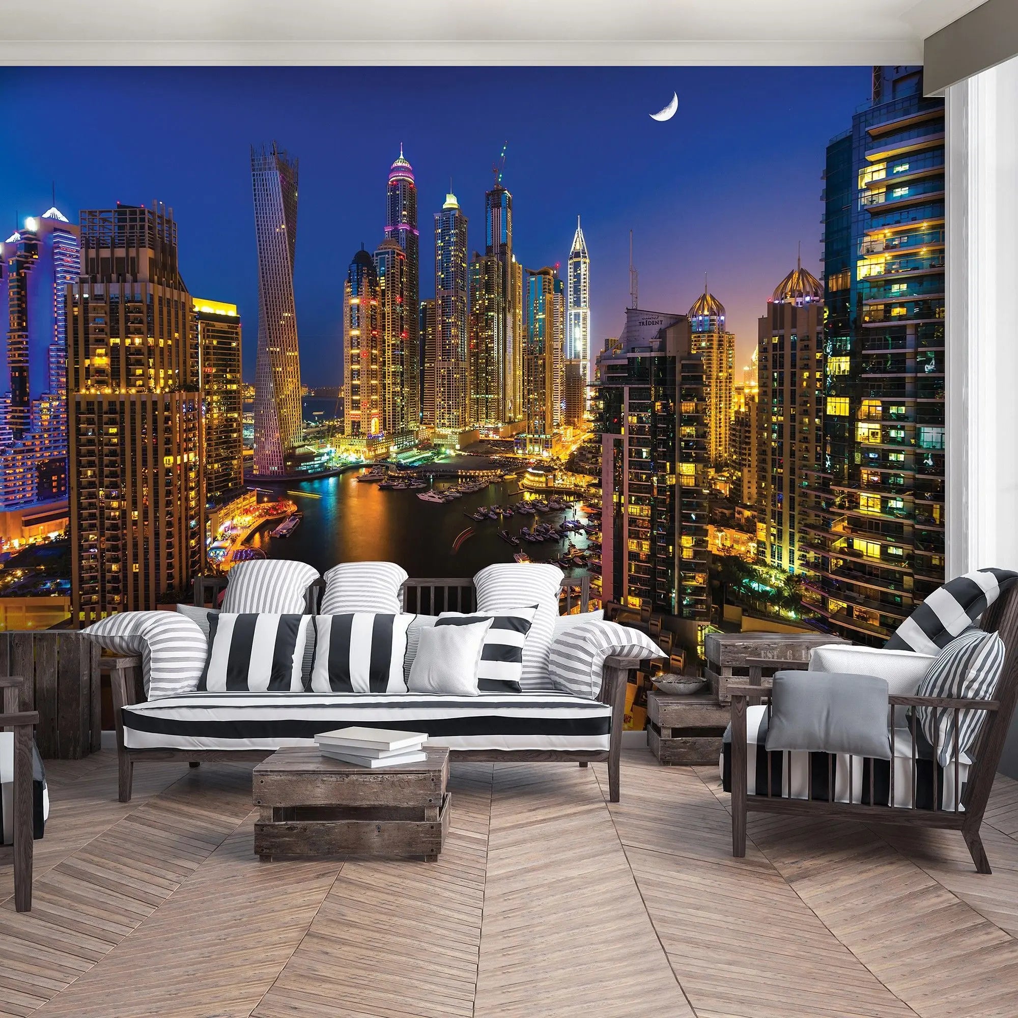 Billede 8 af Fototapet - Dubai Marina om natten med oplyste skyskrabere