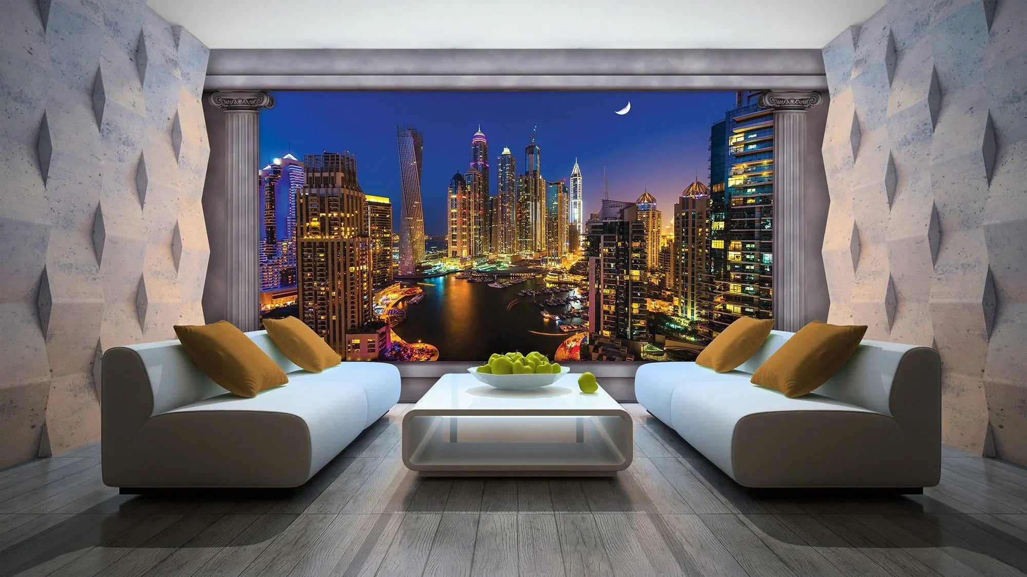 Billede 2 af Fototapet - Dubai Marina Skyline om natten med halvmåne