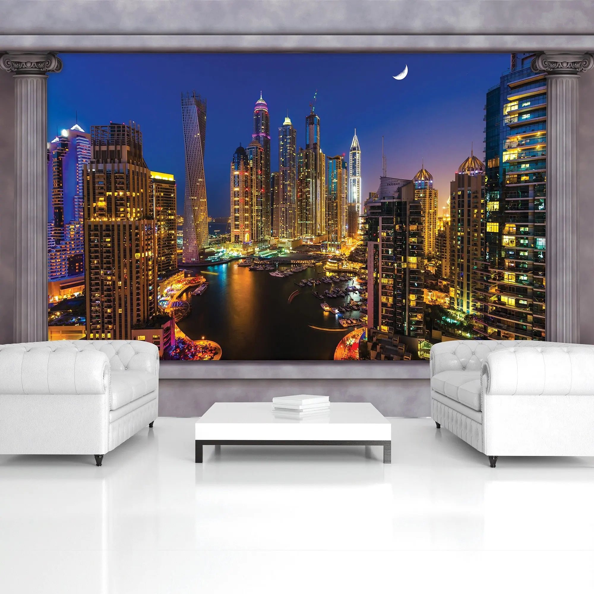 Billede 3 af Fototapet - Dubai Marina Skyline om natten med halvmåne