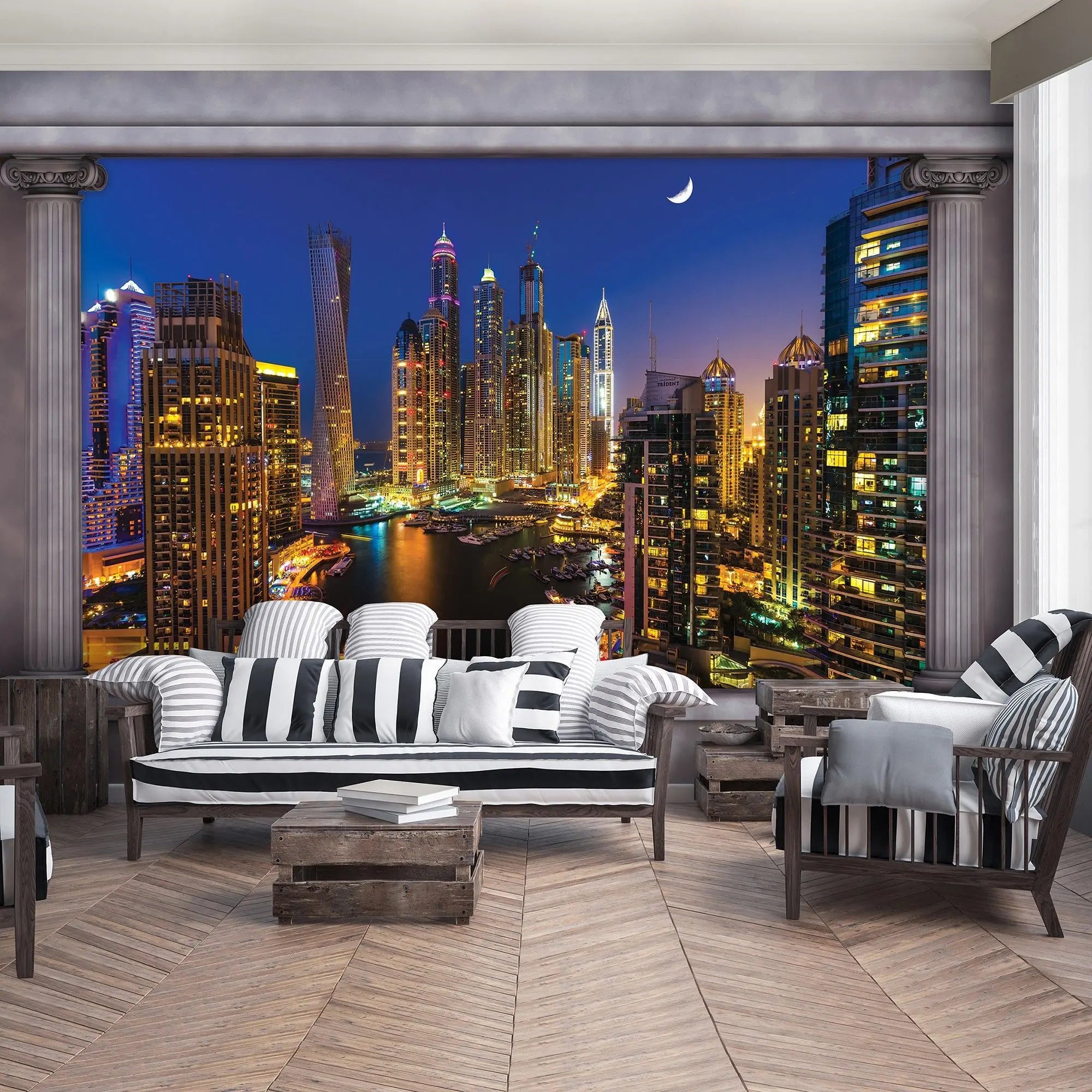 Billede 4 af Fototapet - Dubai Marina Skyline om natten med halvmåne