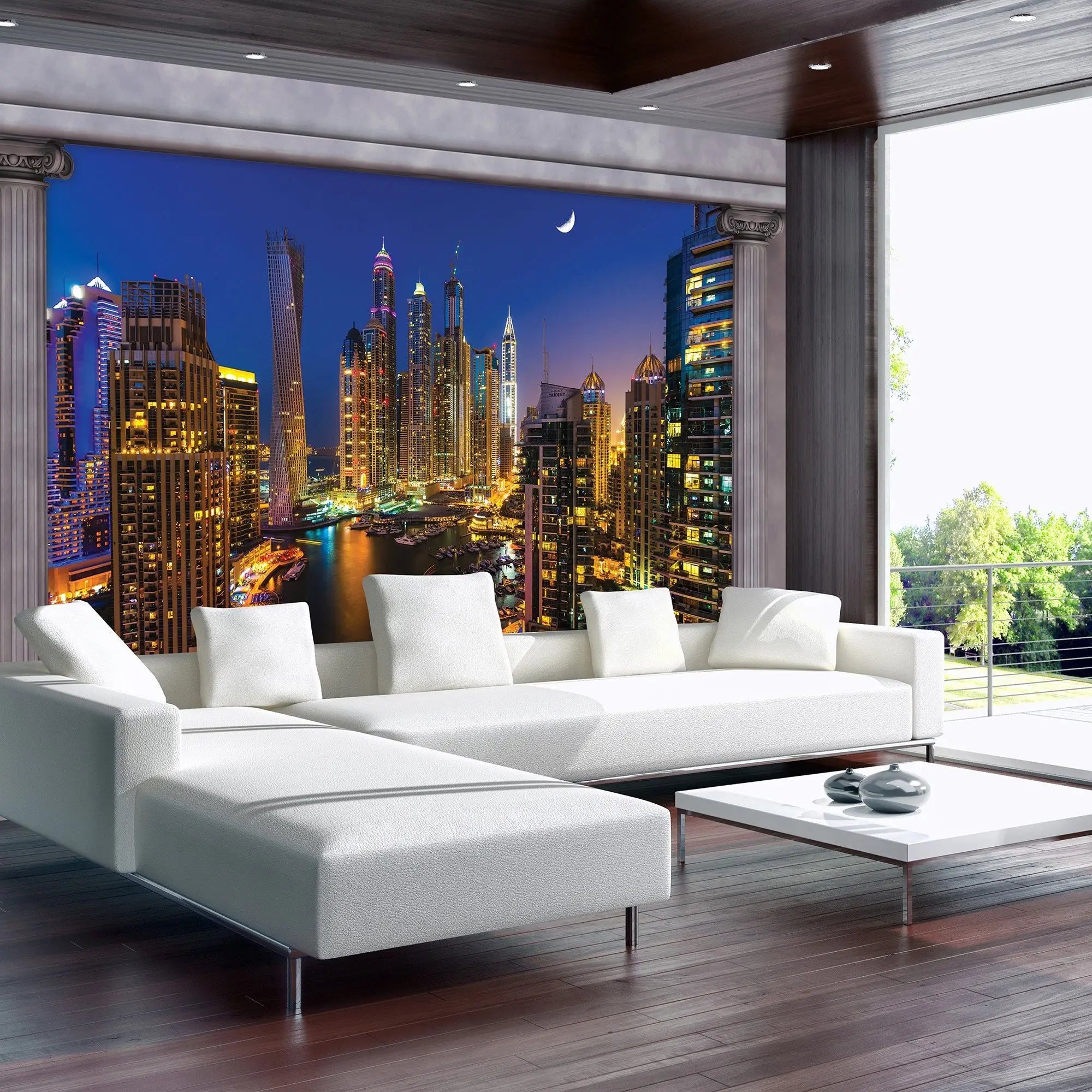 Billede 7 af Fototapet - Dubai Marina Skyline om natten med halvmåne