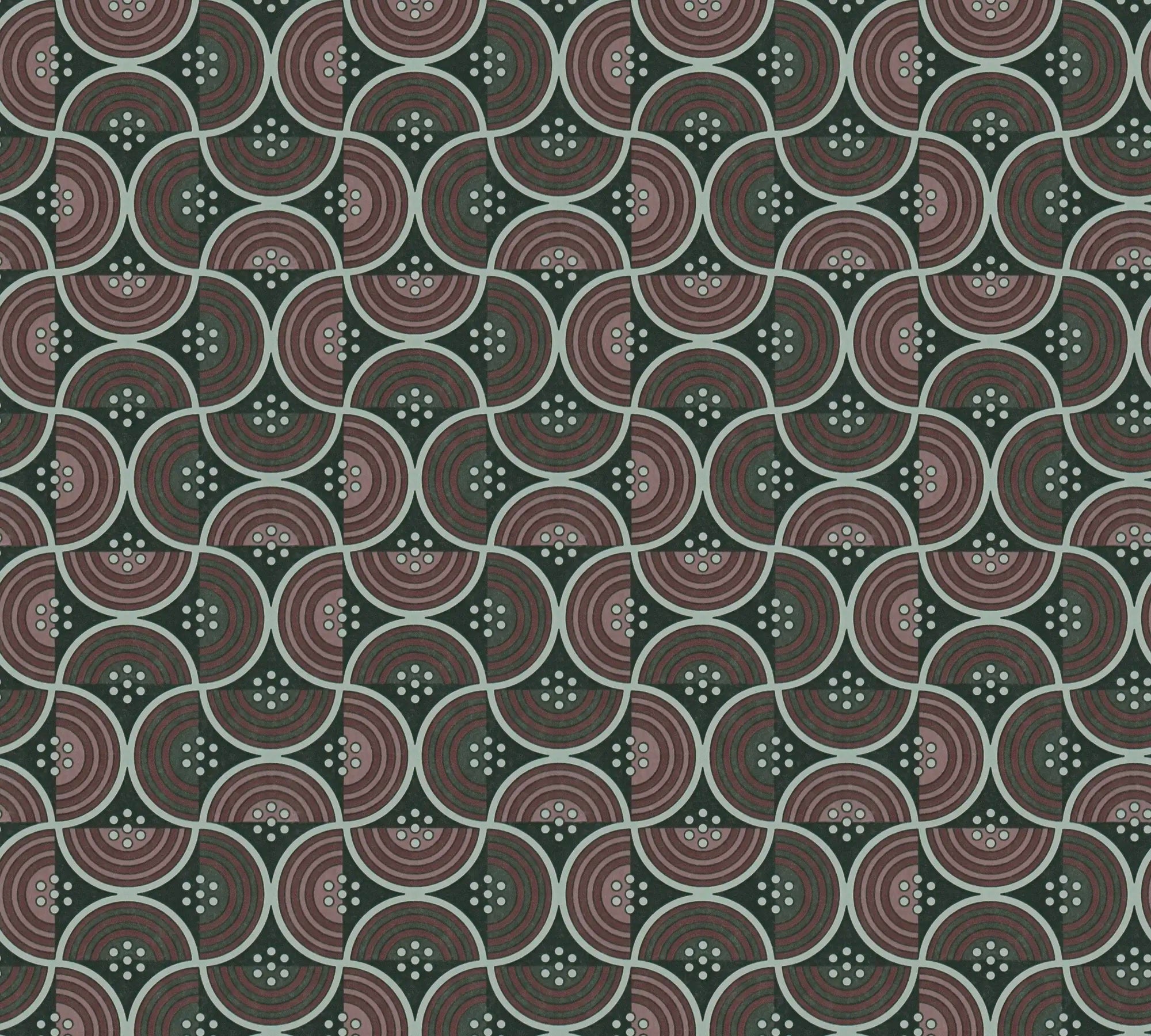 Detaljeret close-up af Echoes of Elegance - Vintage Rose tapetmønster. Designet har kurvede linjer og prikker i brune, grønne og cremefarvede nuancer.