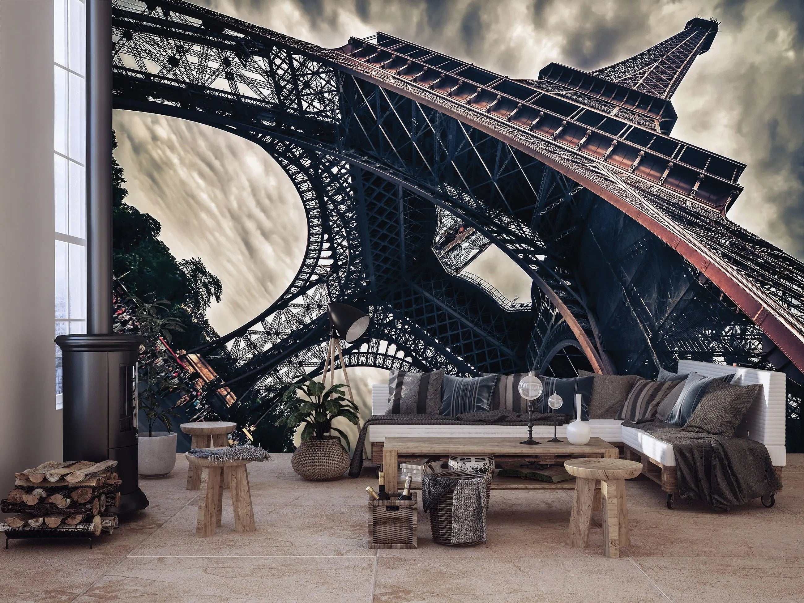 Billede 10 af Fototapet - Eiffeltårnet set nedefra mod dramatisk himmel Paris