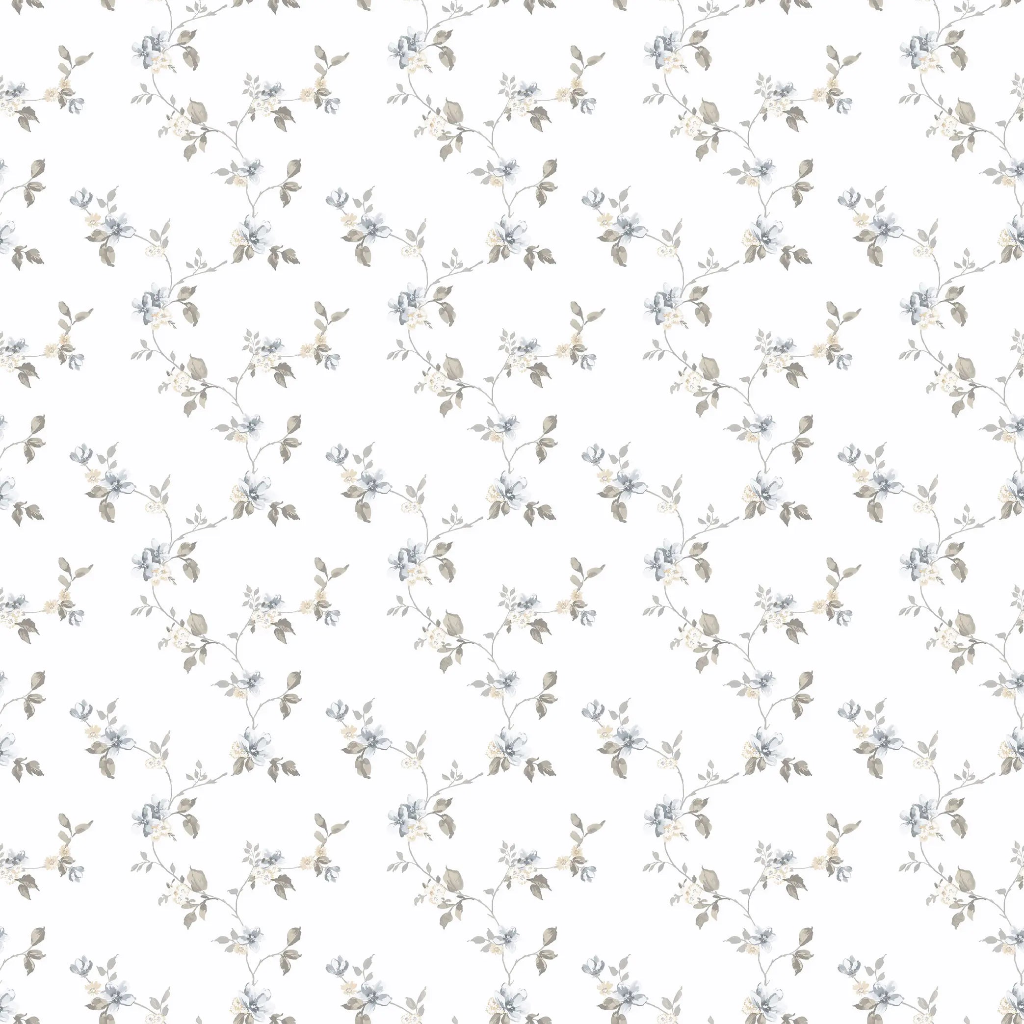 Elegant tapet med et gentagende blomstermønster i grå og blå nuancer, kaldet Elegance Blossoms - Tranquil Gray, tilgængelig på Nicetapet.dk.