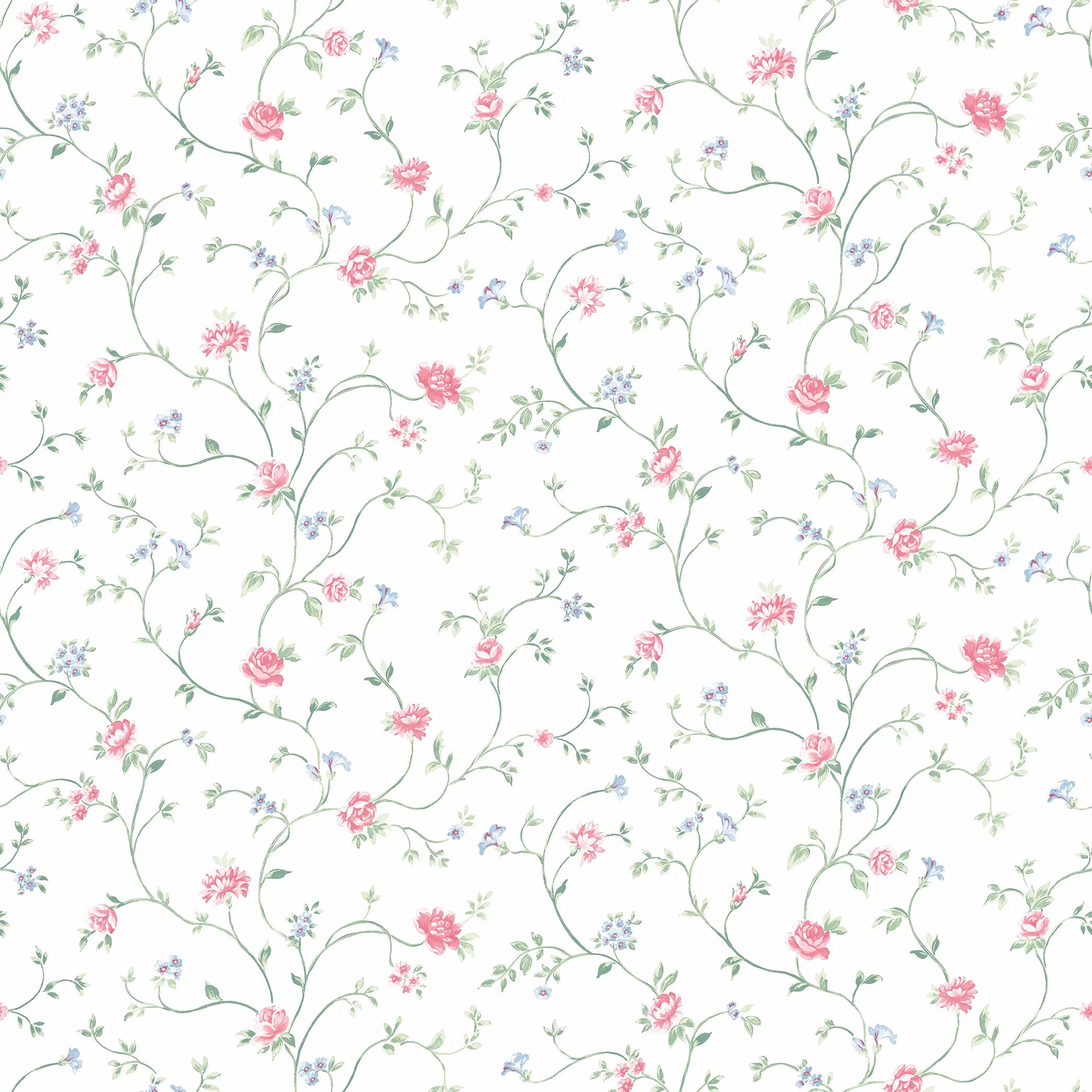 Tapetmønsteret Enchanted Garden - Petal Blush med delikate rosa blomster og grønne blade på en lys baggrund.