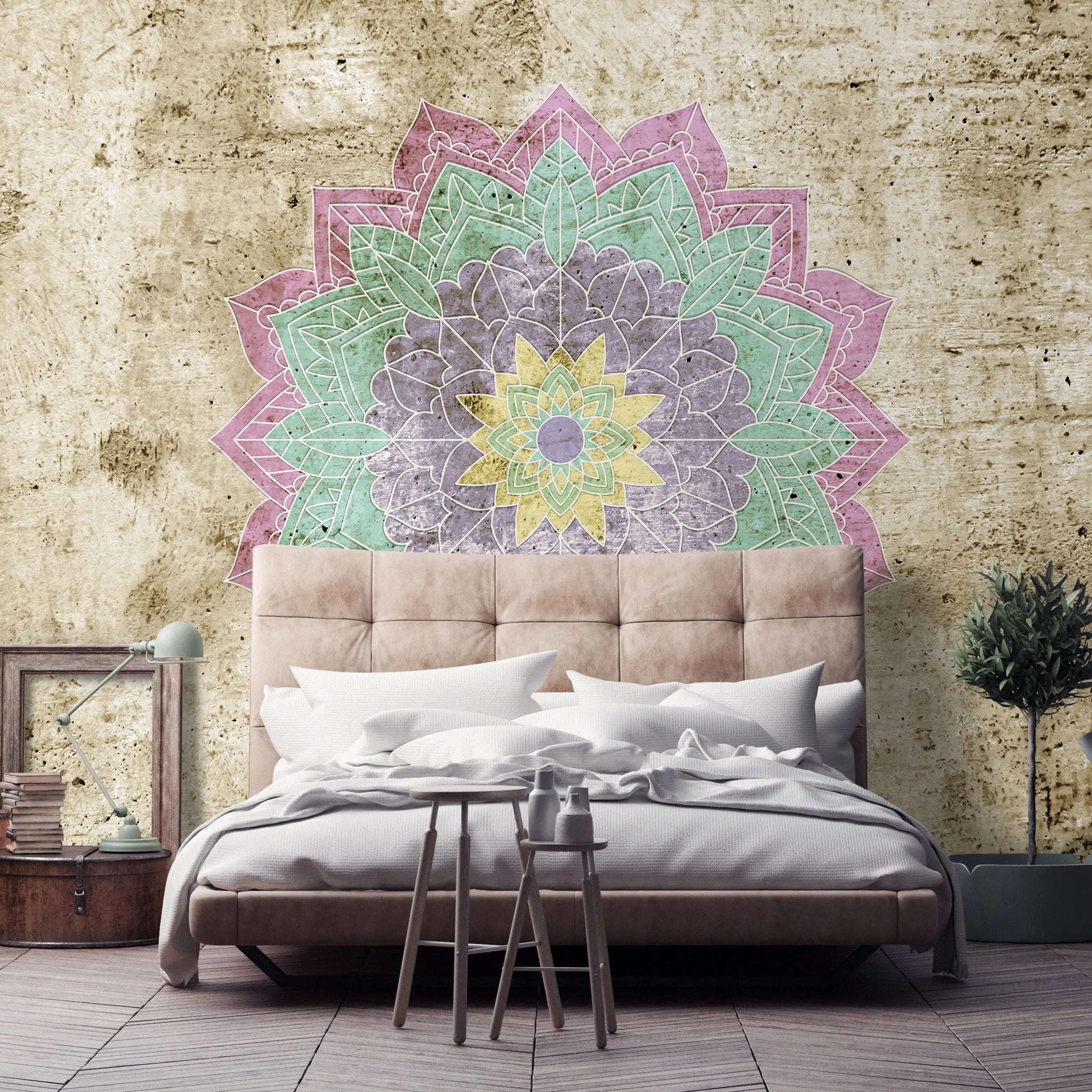 Billede 6 af Fototapet - Farverig mandala på gammel beige baggrund