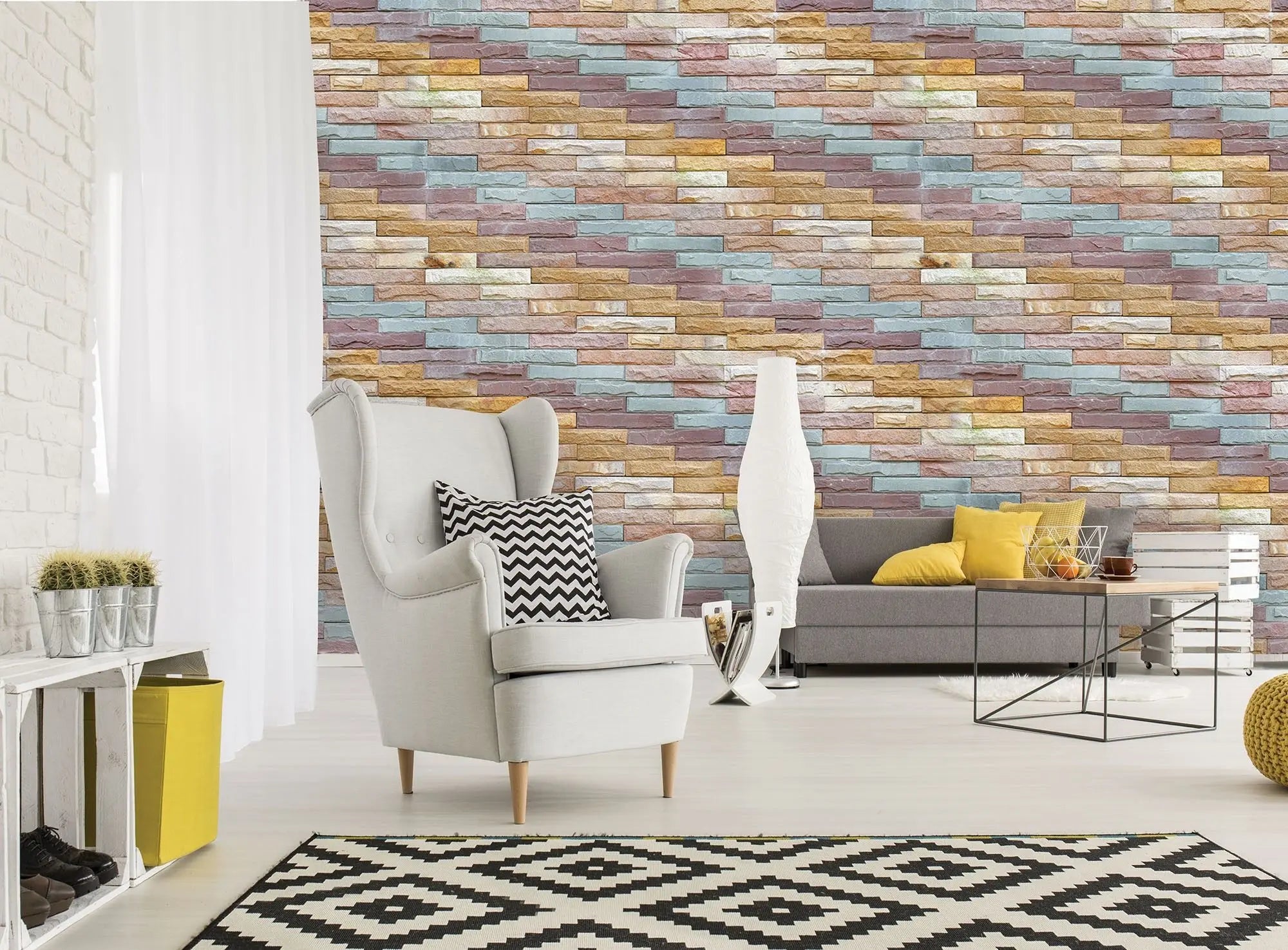 Billede 3 af Fototapet - Farverig stenmur med rektangulære mønstrede blokke
