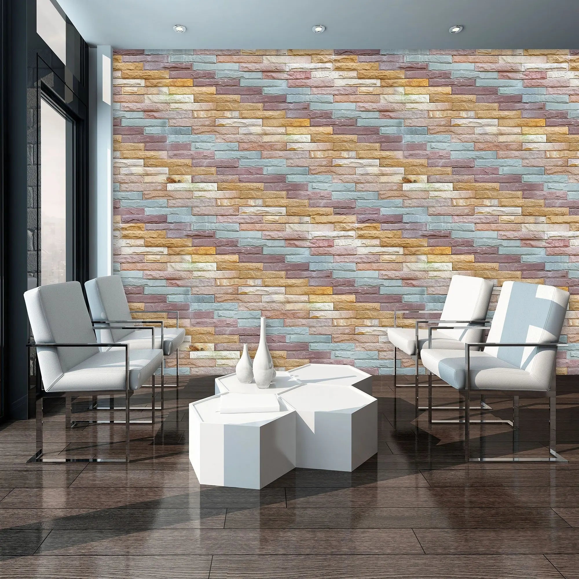 Billede 4 af Fototapet - Farverig stenmur med rektangulære mønstrede blokke