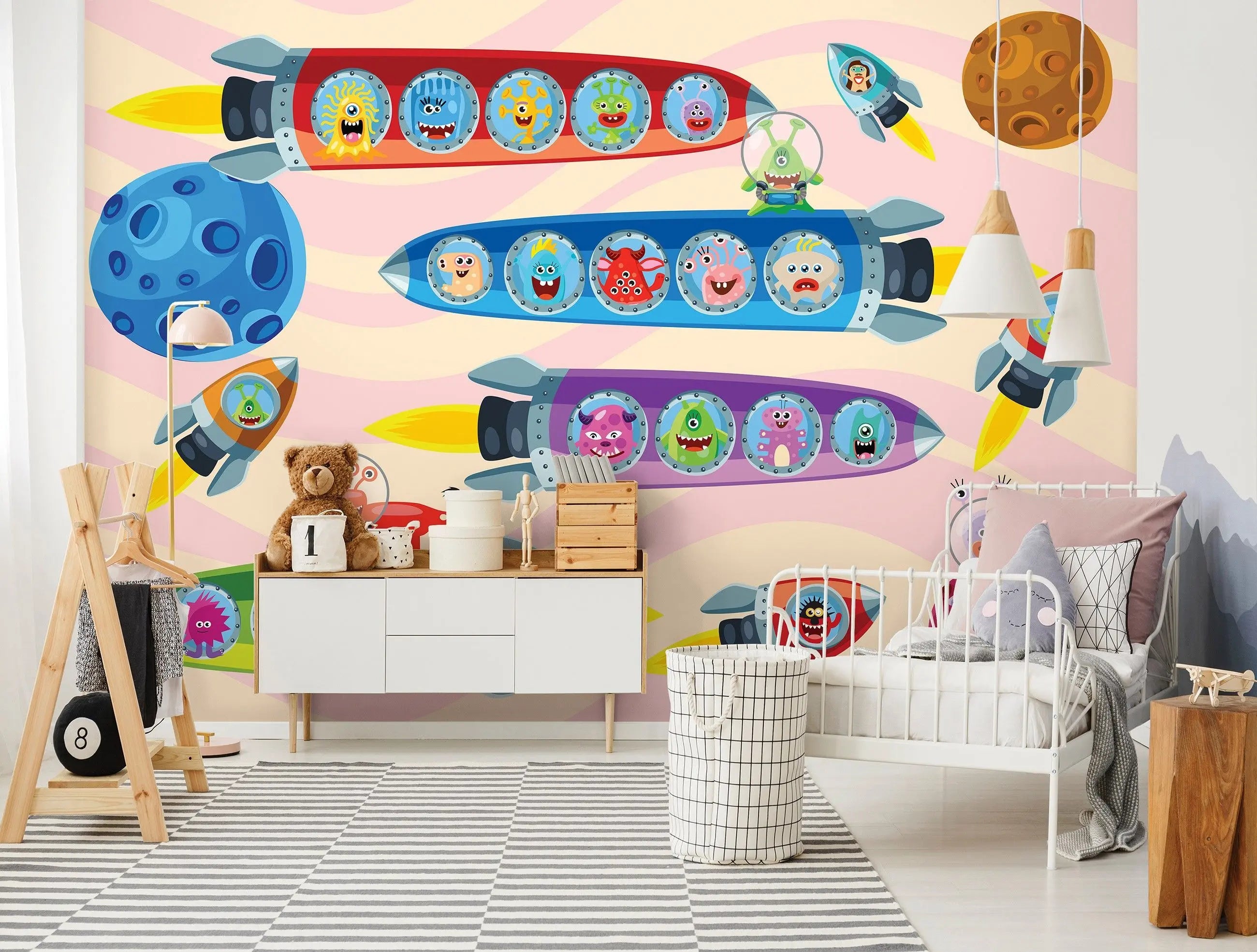 Billede 10 af Fototapet - Farverige raketter med sjove monstre i rummet