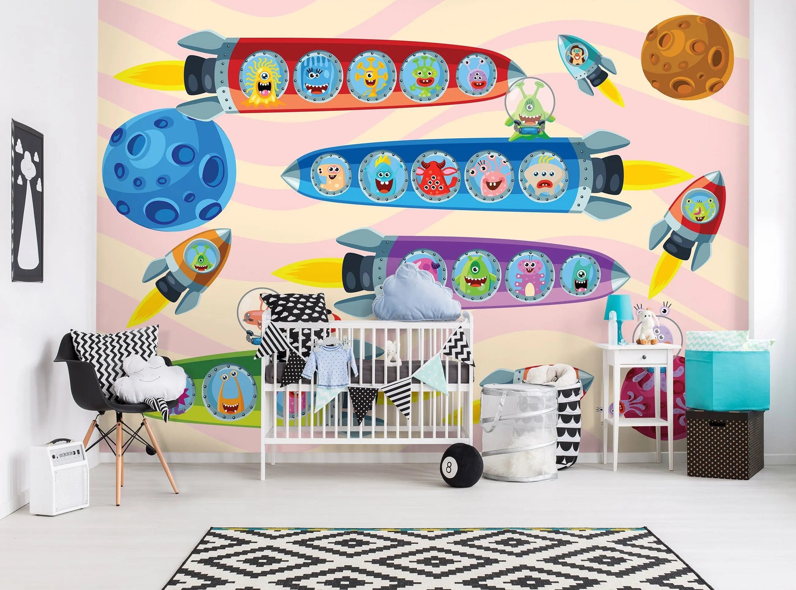 Billede 11 af Fototapet - Farverige raketter med sjove monstre i rummet