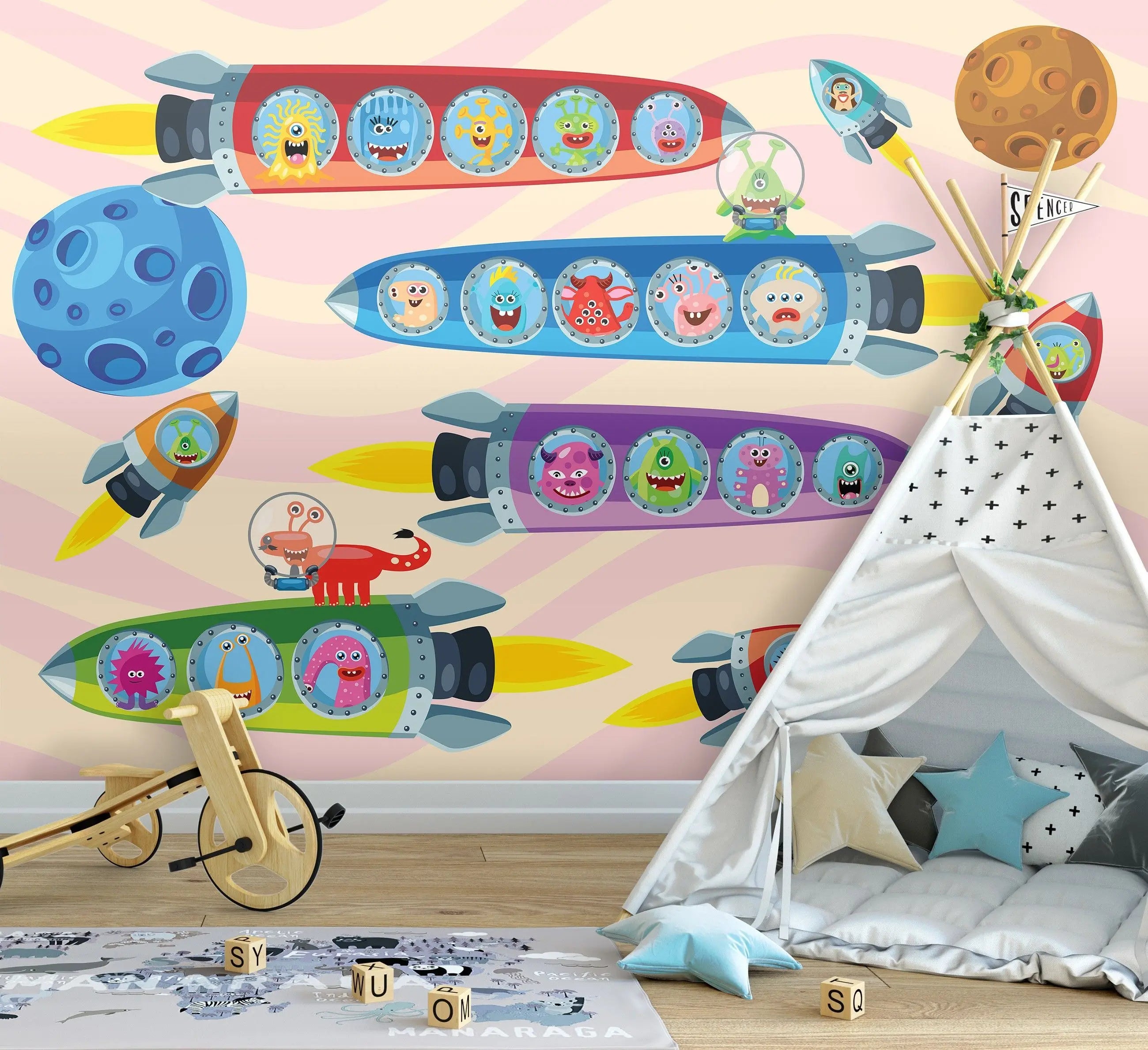 Billede 12 af Fototapet - Farverige raketter med sjove monstre i rummet
